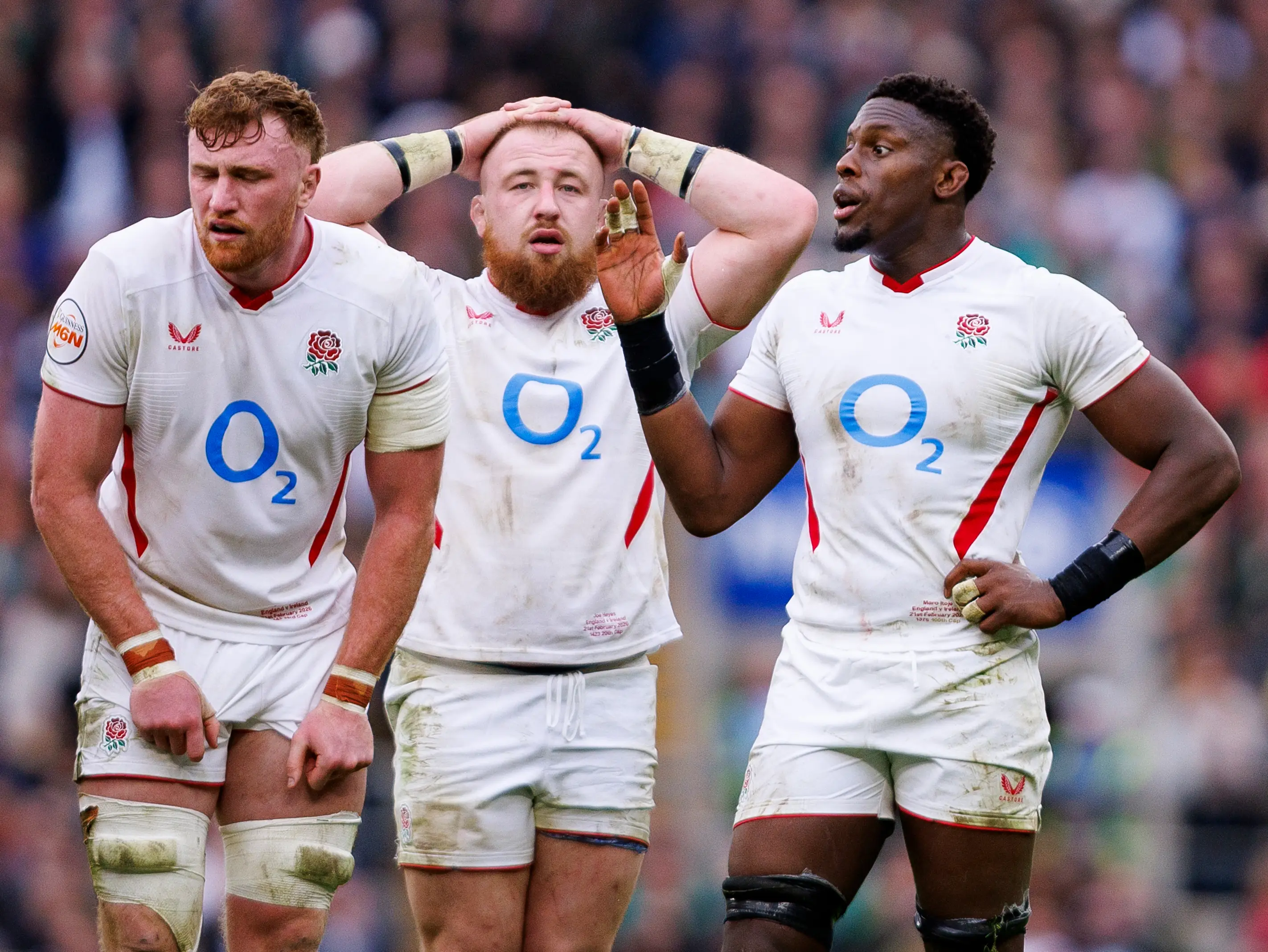  Englands's Ollie Chessum, Englands's Joe Heyes and Englands's Maro Itoje during the Guinness Six Nations 2026 match between England and Ireland (Getty Images)
