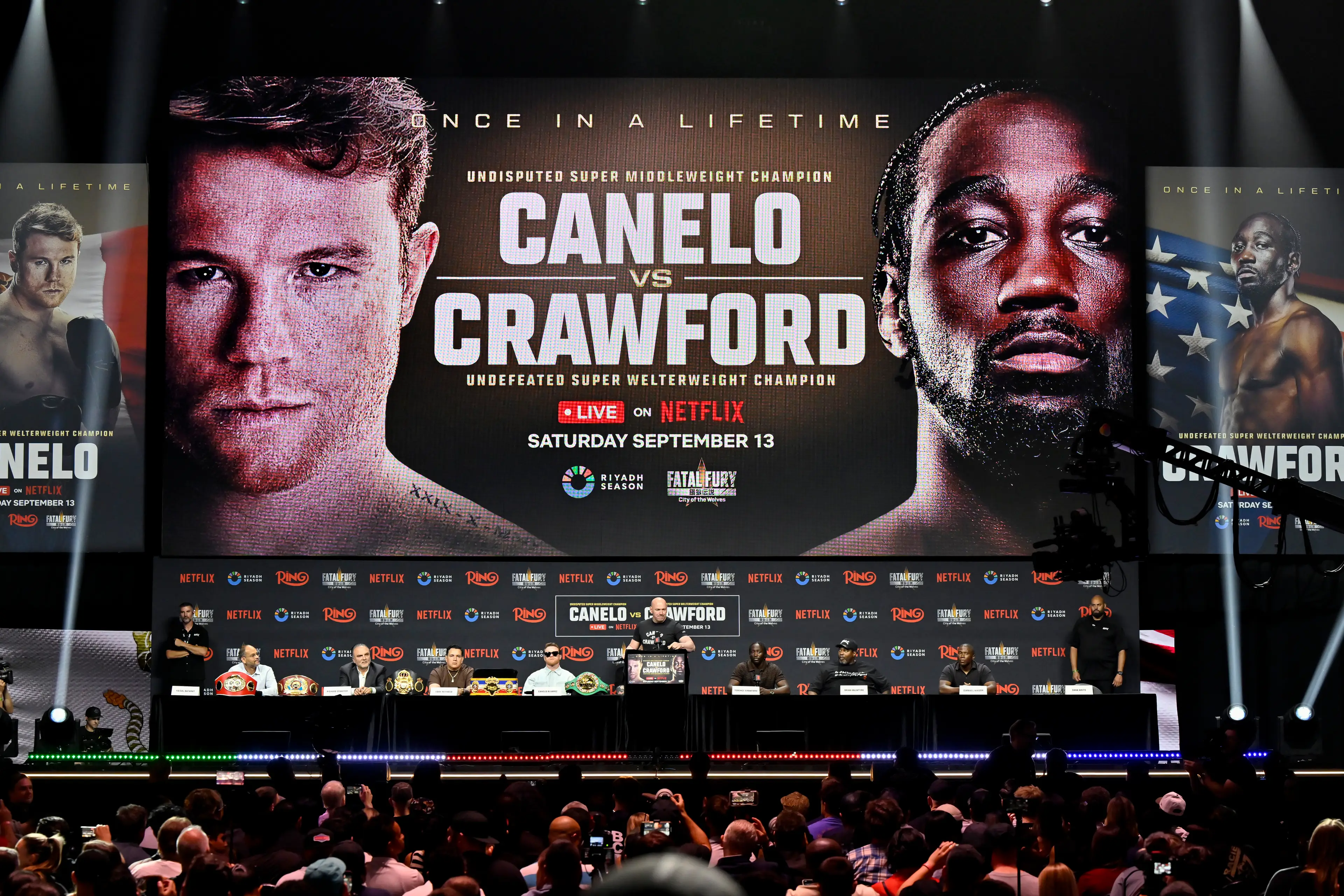 Canelo Alvarez and Terence Crawford press conference. Image: David Becker / Stringer via Getty