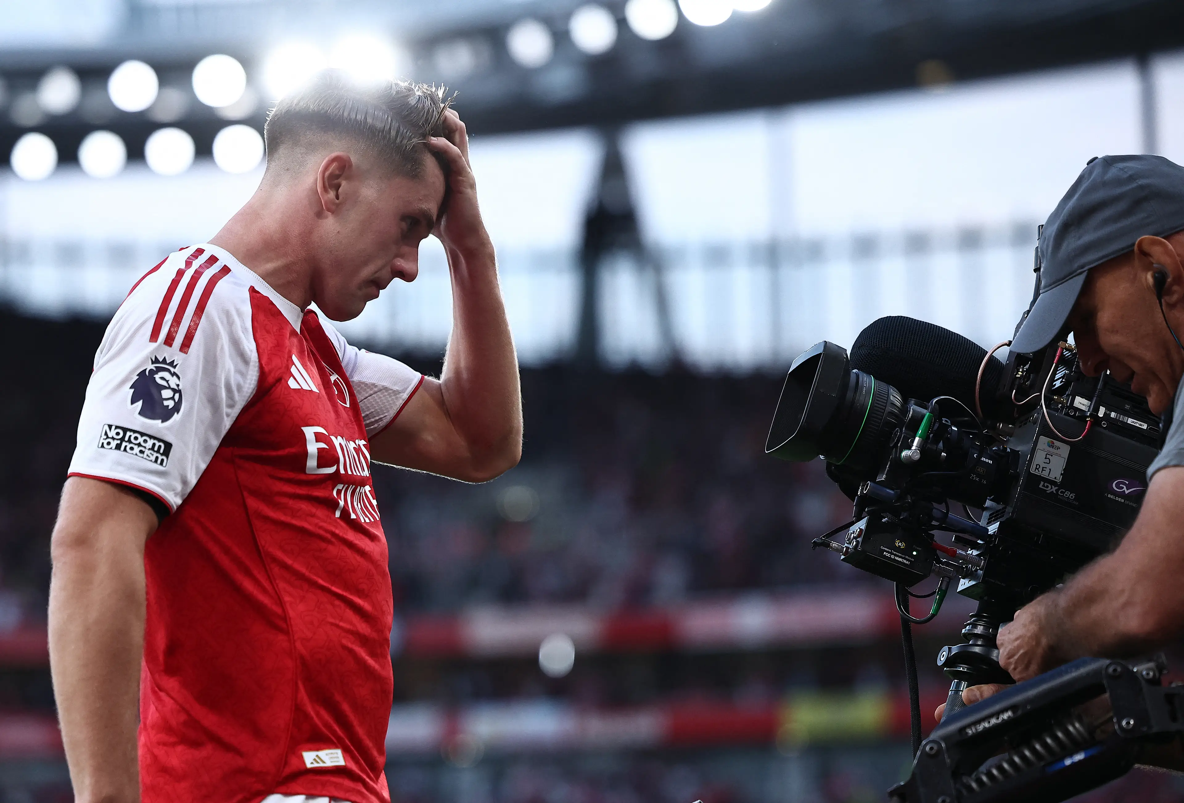 Viktor Gyokeres jokingly fixed his hair after scoring his second Arsenal goal. Image: Getty 