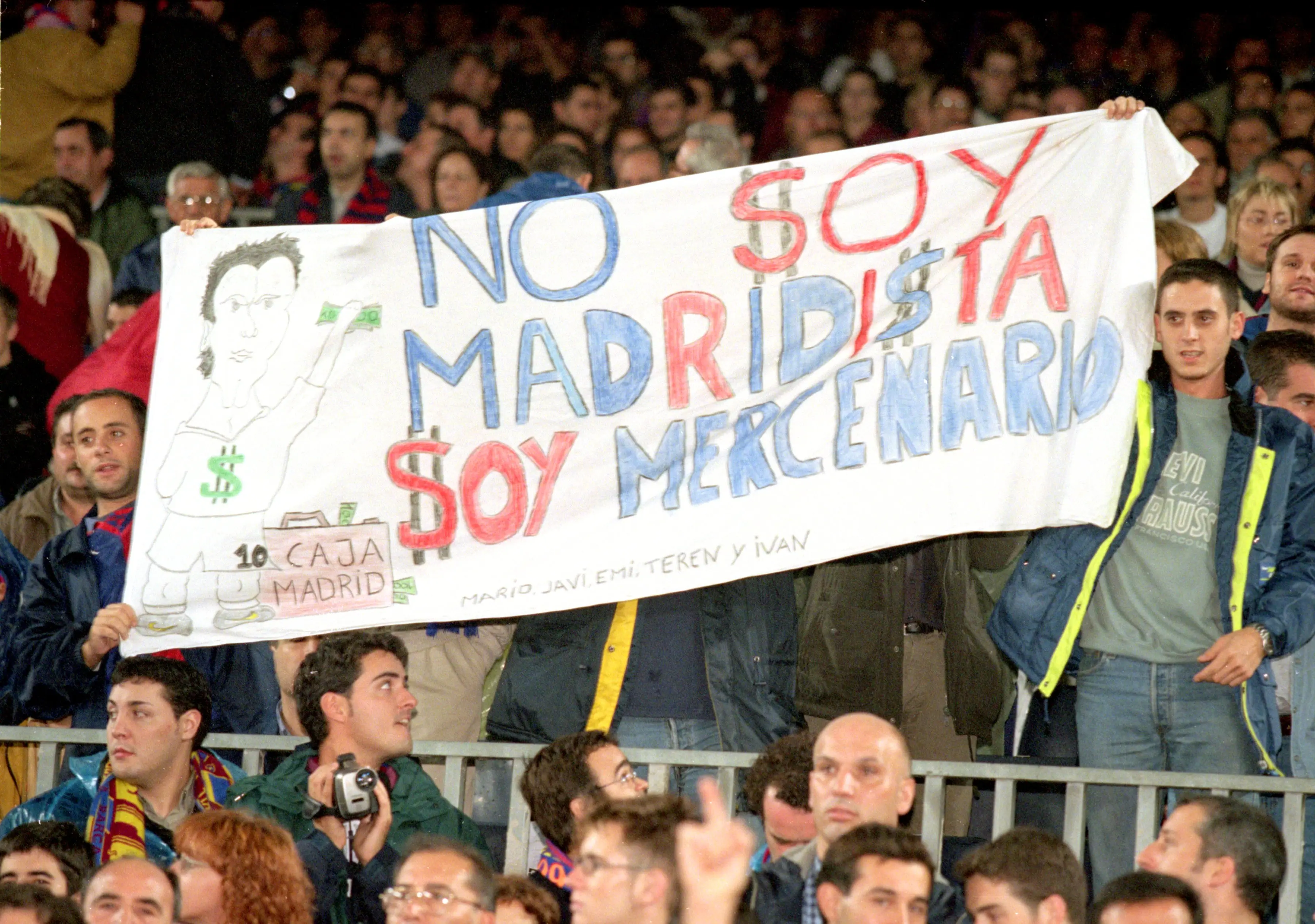 Barcelona fans barrack Luis Figo during the Spanish Primera Liga match against Real Madrid played at the Nou Camp