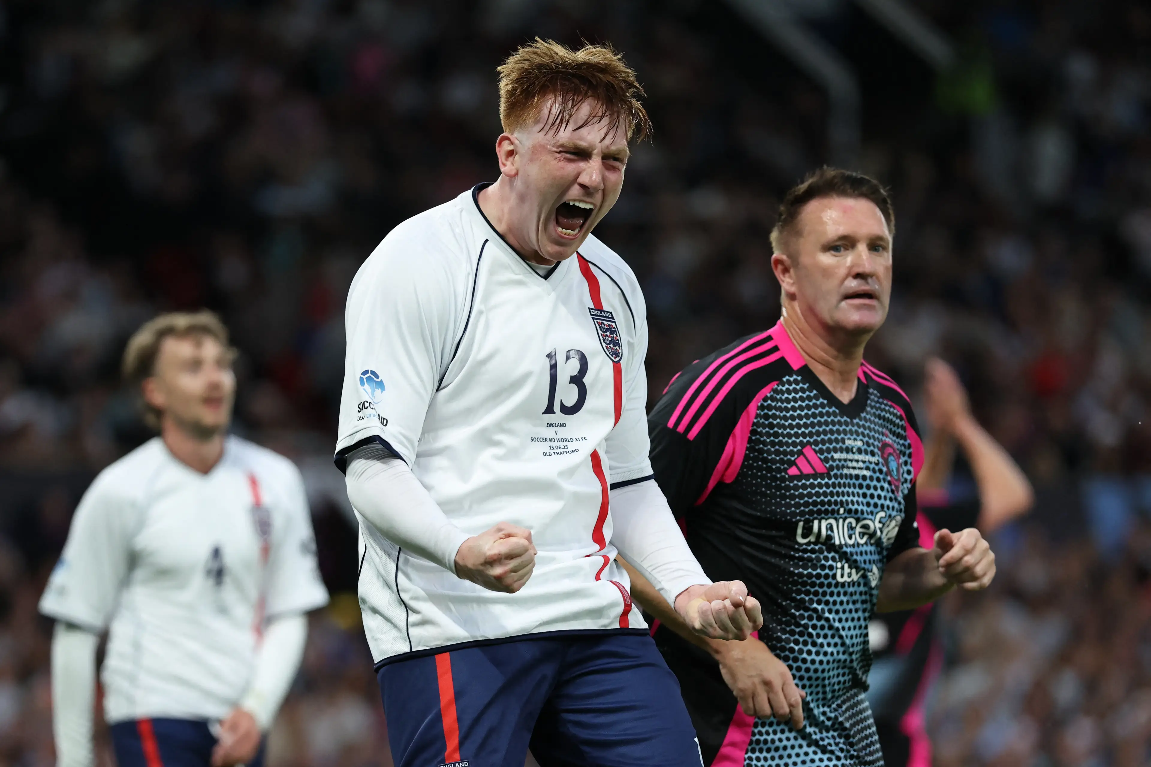 AngryGinge celebrates a clearance at Soccer Aid earlier this year / Photo by DARREN STAPLES/AFP via Getty Images