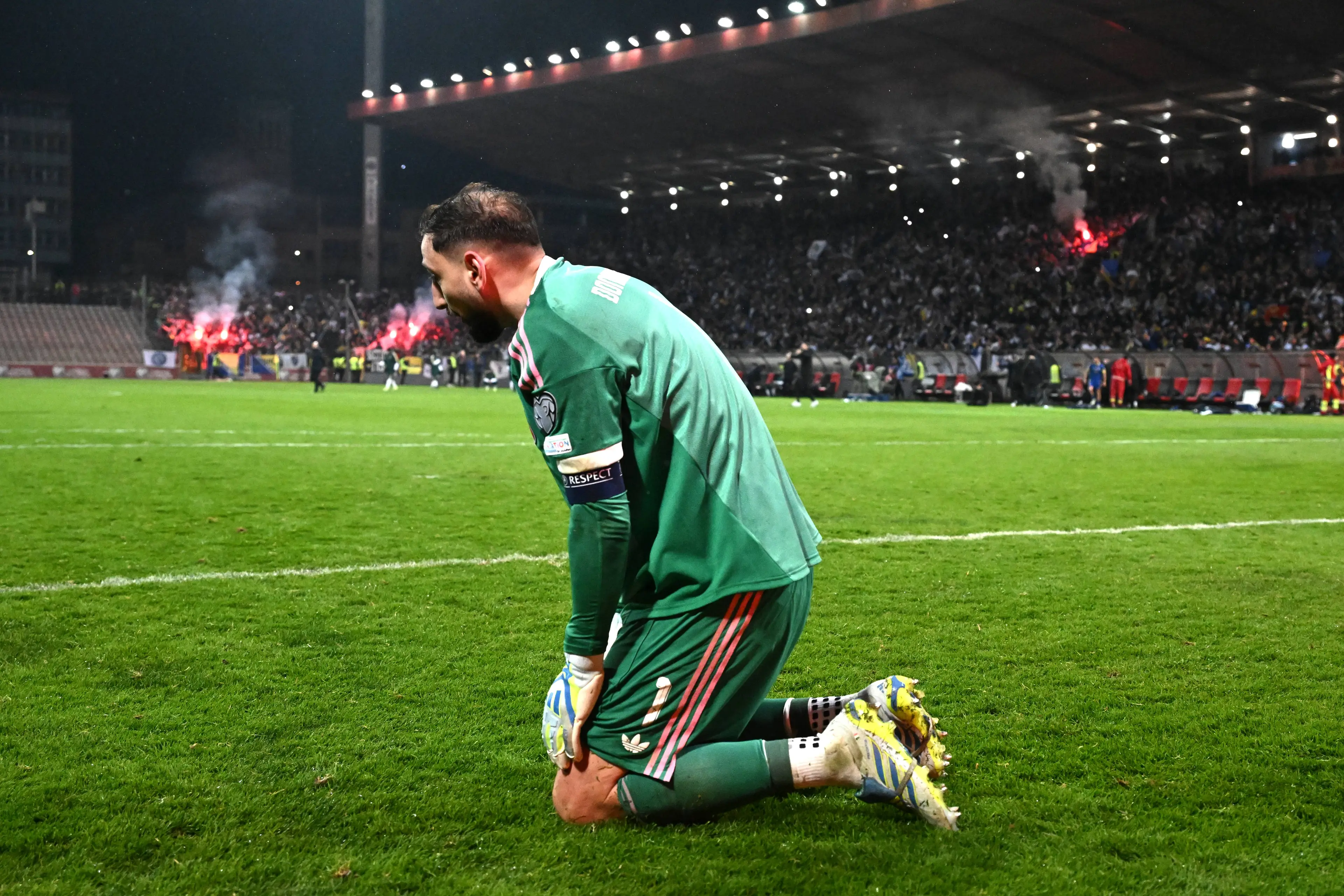 Gianluigi Donnarumma of Italy reacts after the FIFA World Cup 2026 European Qualifiers KO play-offs match between Bosnia & Herzegovina and Italy (Getty Images)