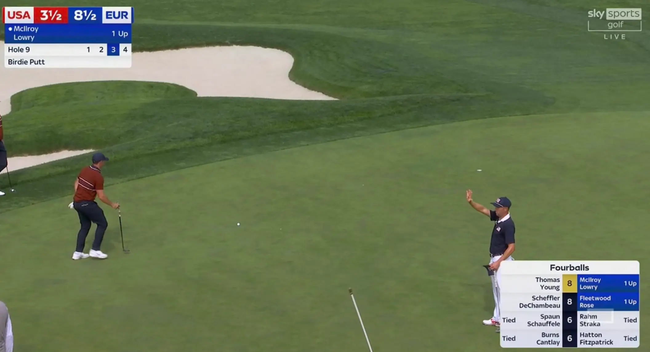 Thomas repeatedly gestured towards the crowd during his fourballs match against McIlroy and Lowry (Image: Sky Sports)
