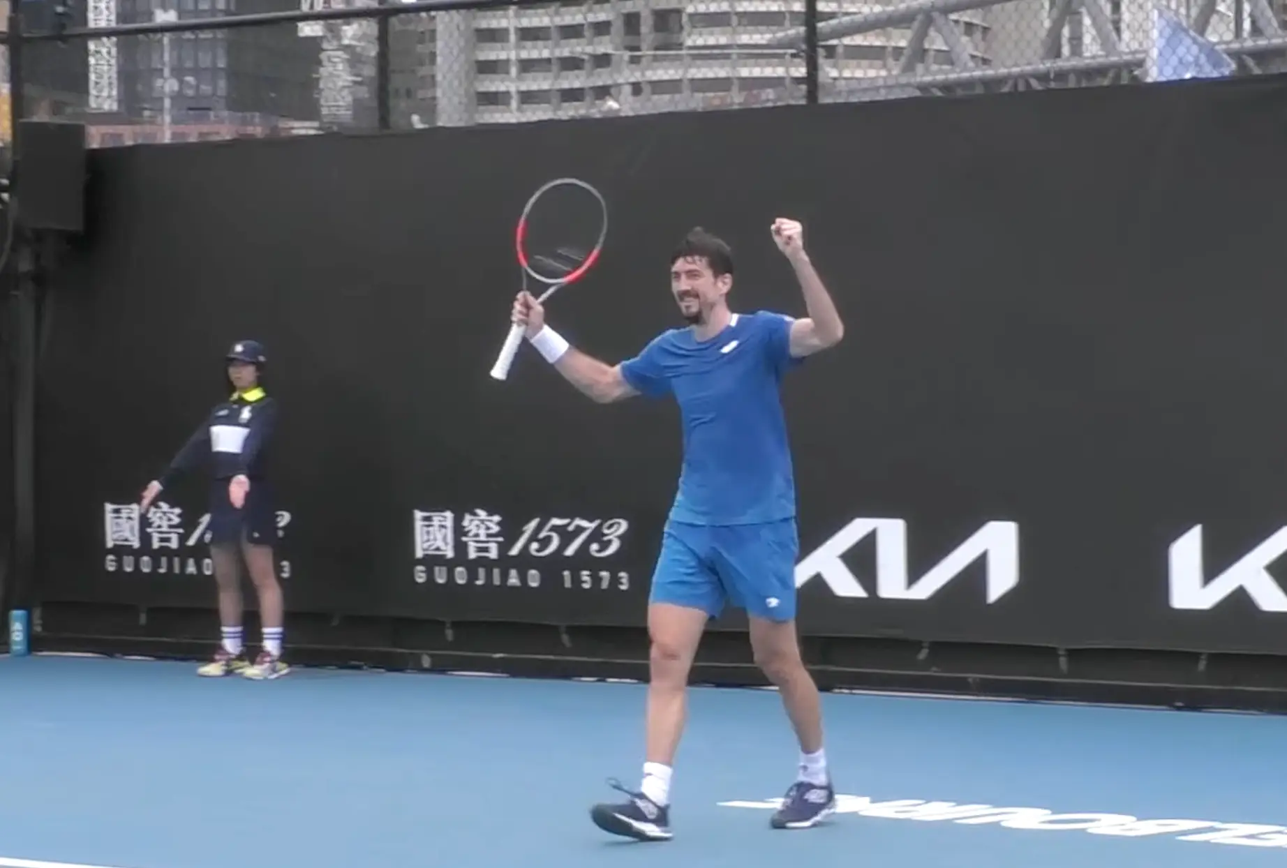 Sebastian Ofner thought he'd clinched victory against Nishesh Basavareddy. Image credit: Australian Open/X