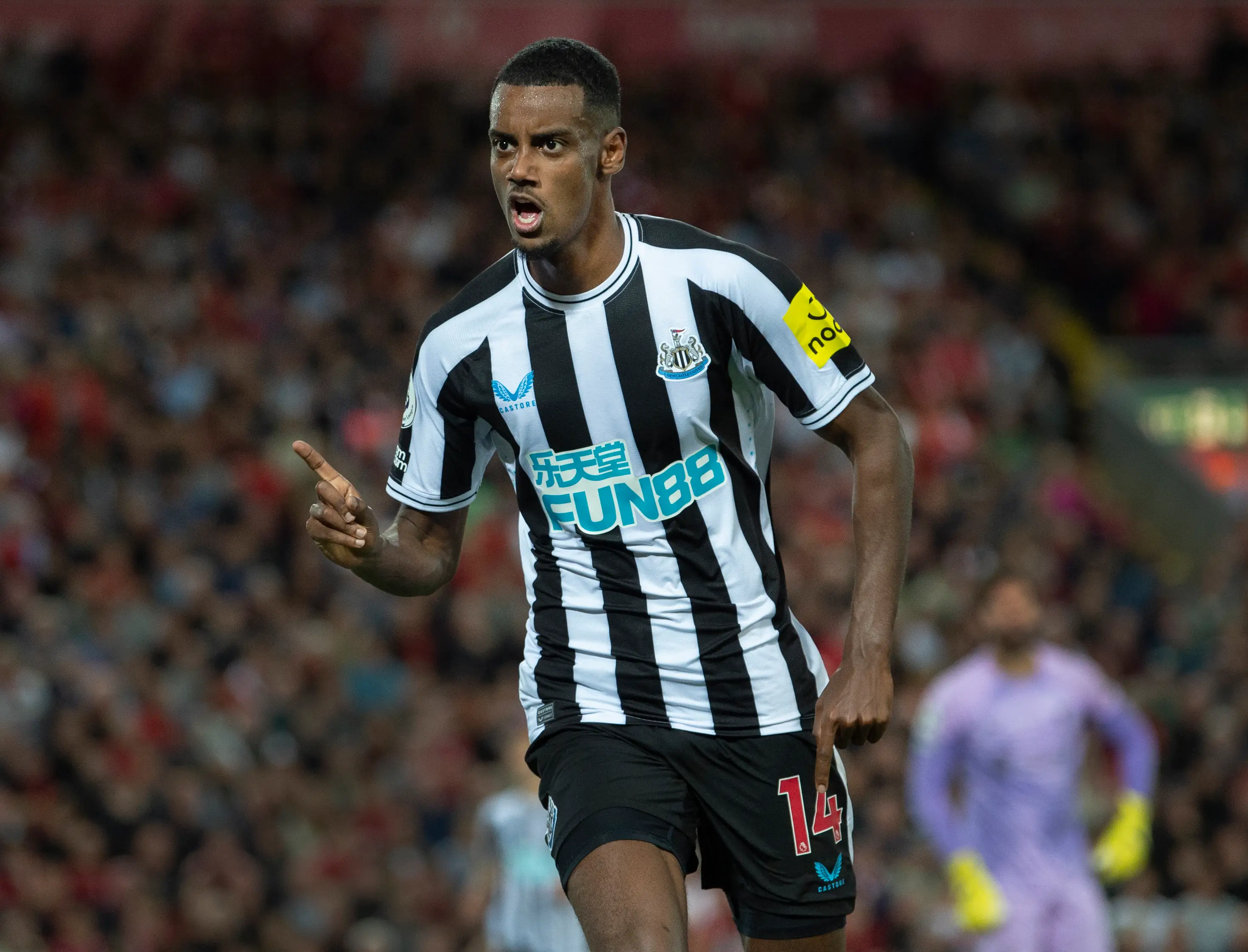 Alexander Isak celebrates scoring a goal at Anfield. Image: Getty 
