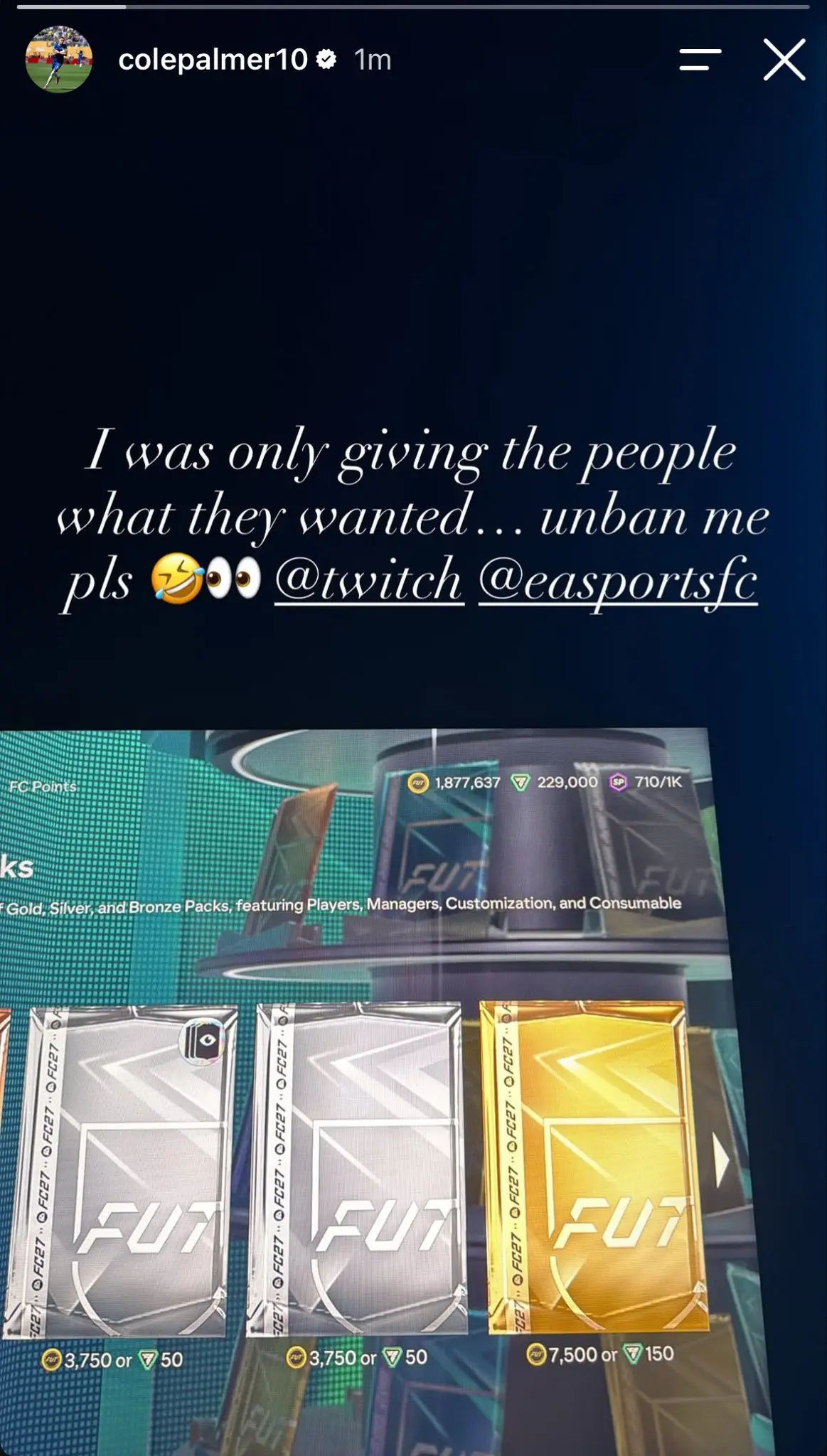 Cole Palmer was banned on Twitch. Image: Instagram/@colepalmer10