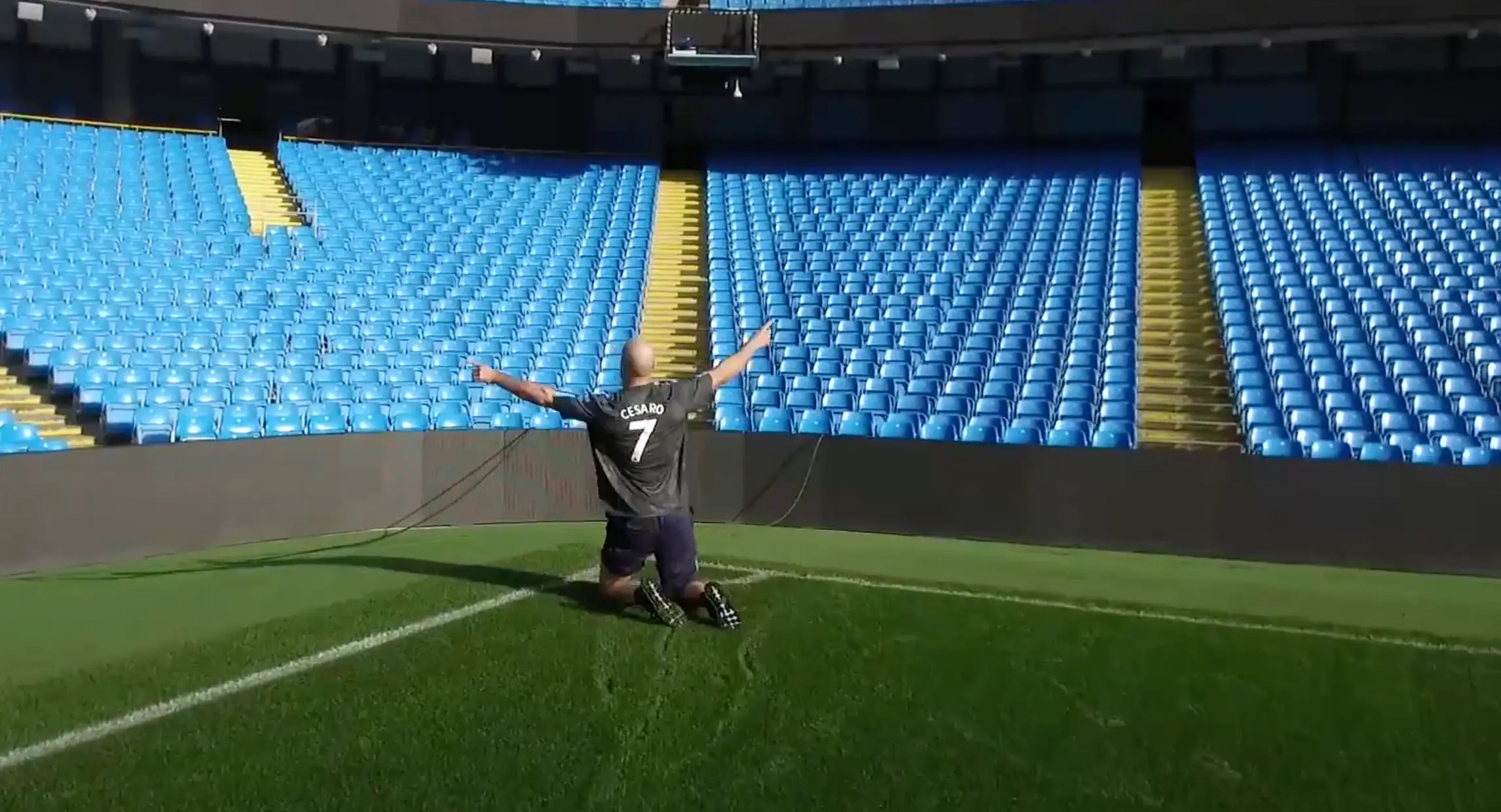Cesaro did a knee-slide on the pitch at the Etihad Stadium. Image: Manchester City