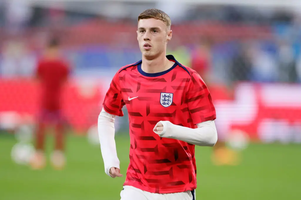 Cole Palmer warming up before England's 1-0 win over Serbia at Euro 2024 (
