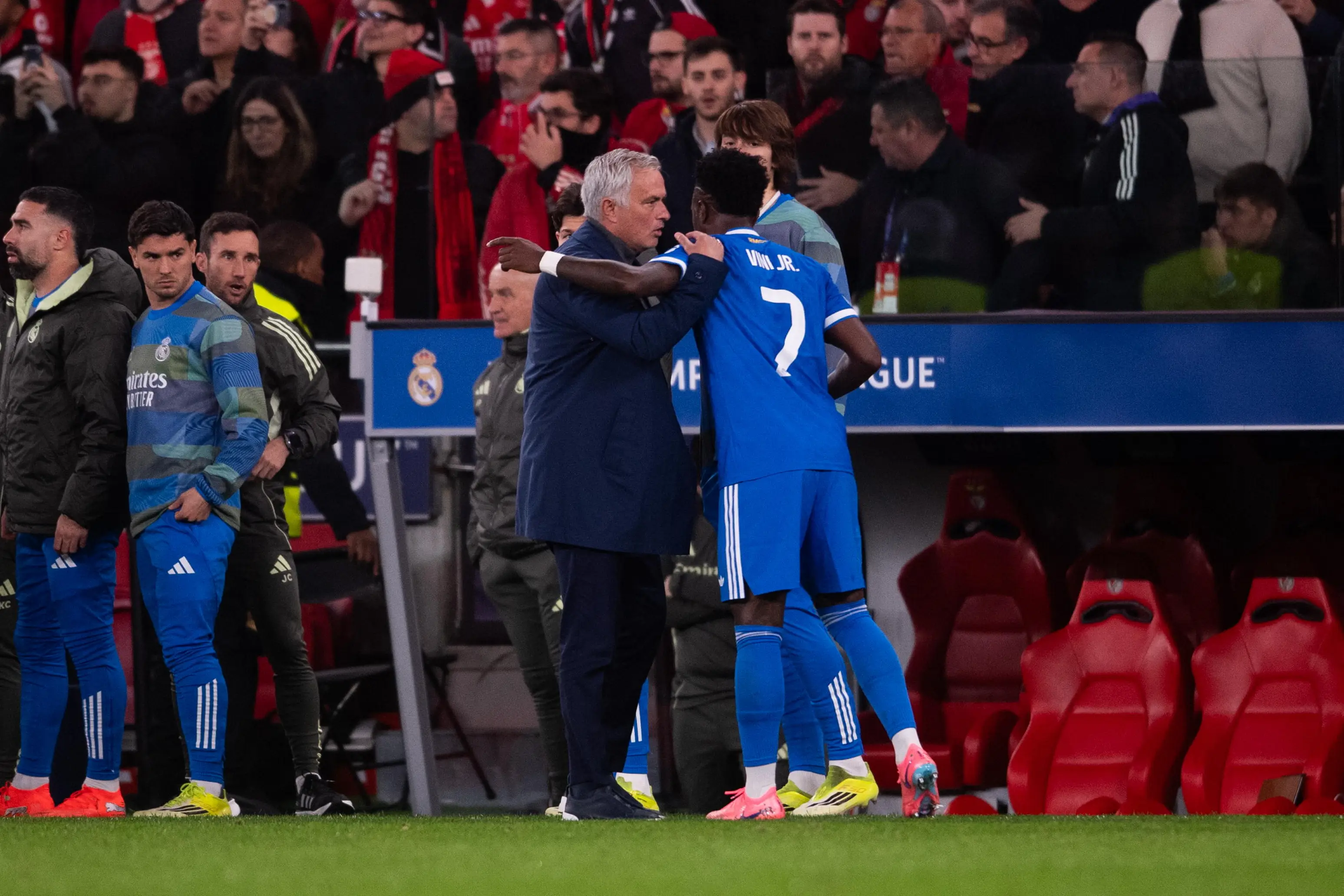 Jose Mourinho was seen speaking to Vinicius Jr. Image: Getty