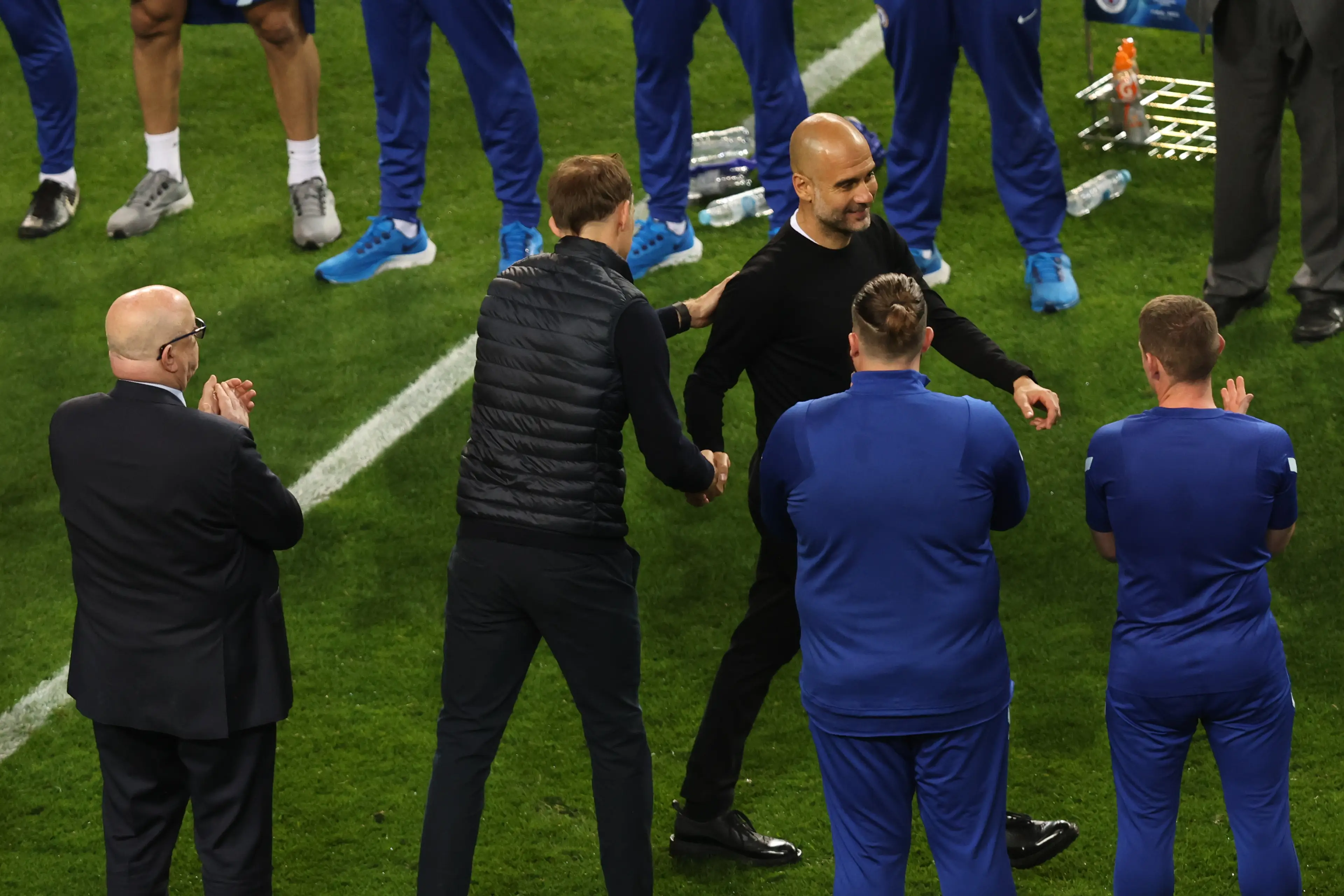 Thomas Tuchel shakes hands with Pep Guardiola following Chelsea's victory over Manchester City in the Champions League final. Image: Getty