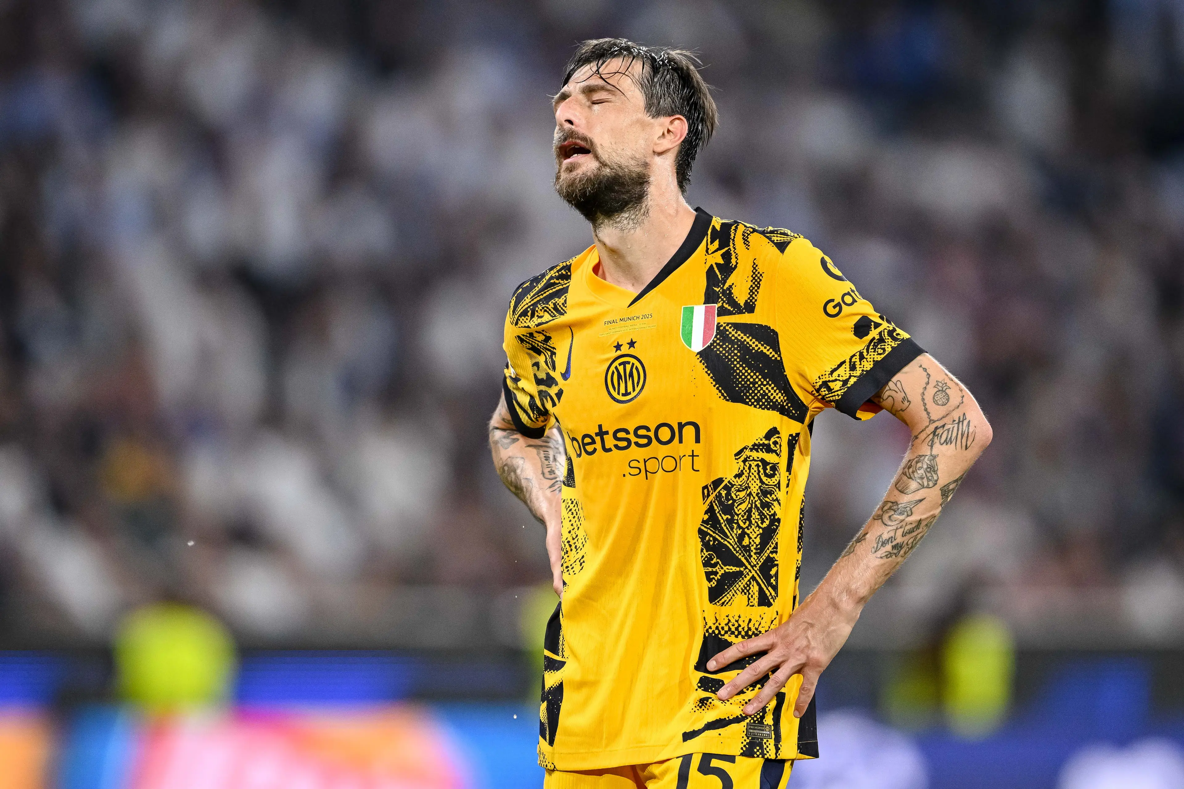 Francesco Acerbi cuts a dejected figure during the Champions League final. Image: Getty