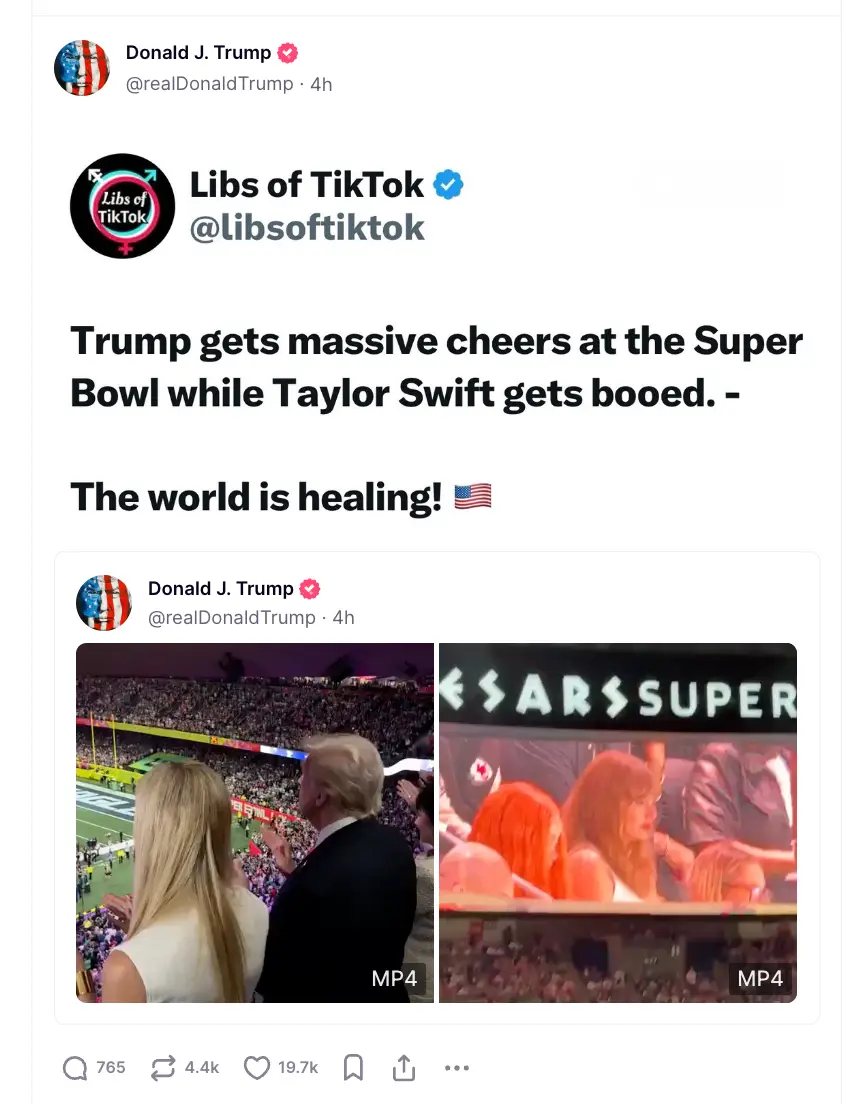 Trump reacted to Swift getting booed. Image credit: Truth Social