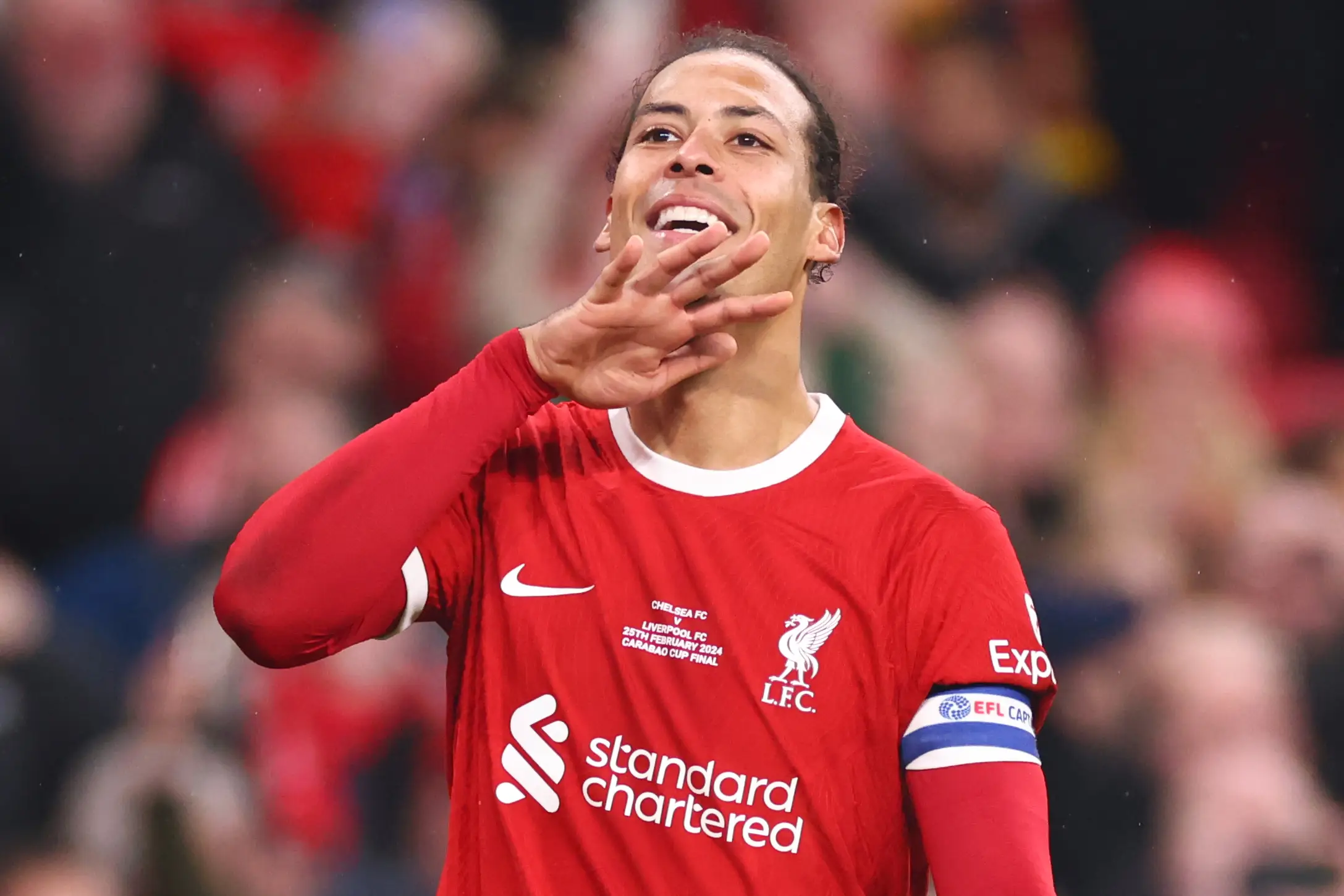 Virgil van Dijk celebrates after scoring against Chelsea. Image: Getty 