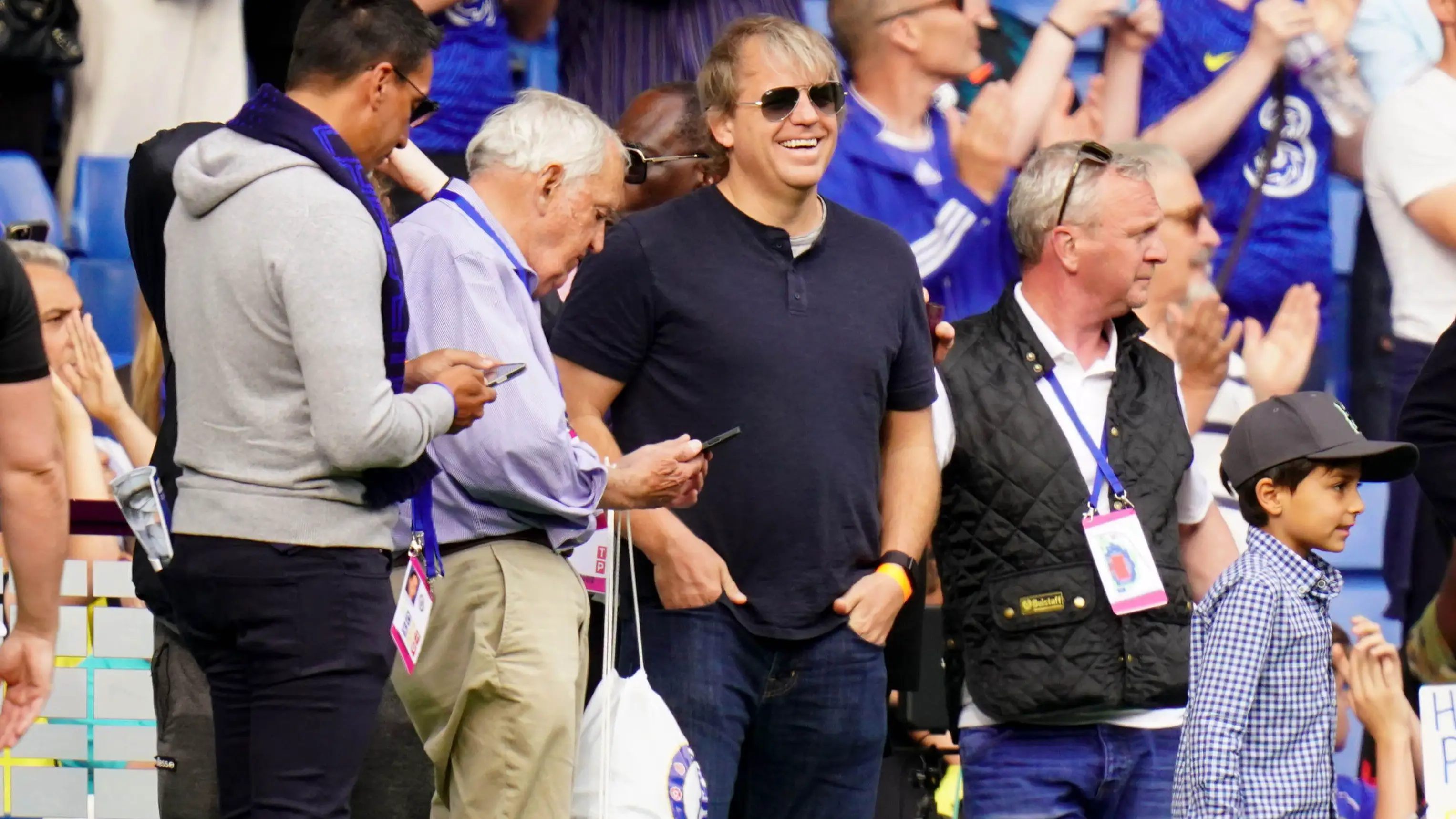 Todd Boehly (centre) at the side of the pitch after the Premier League match at Stamford Bridge. (Alamy)