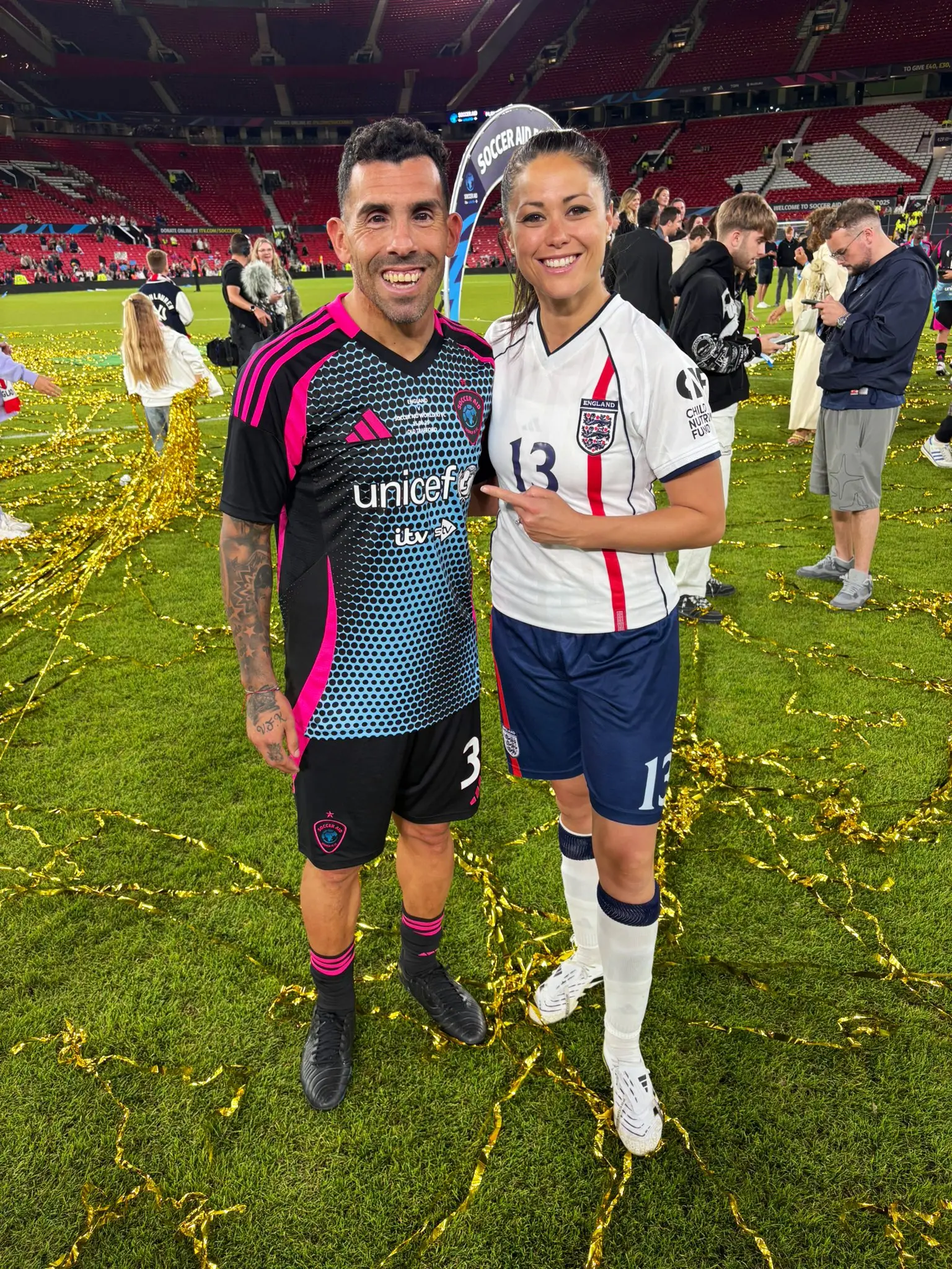 Carlos Tevez poses with Sam Quek after Soccer Aid. Image: Getty