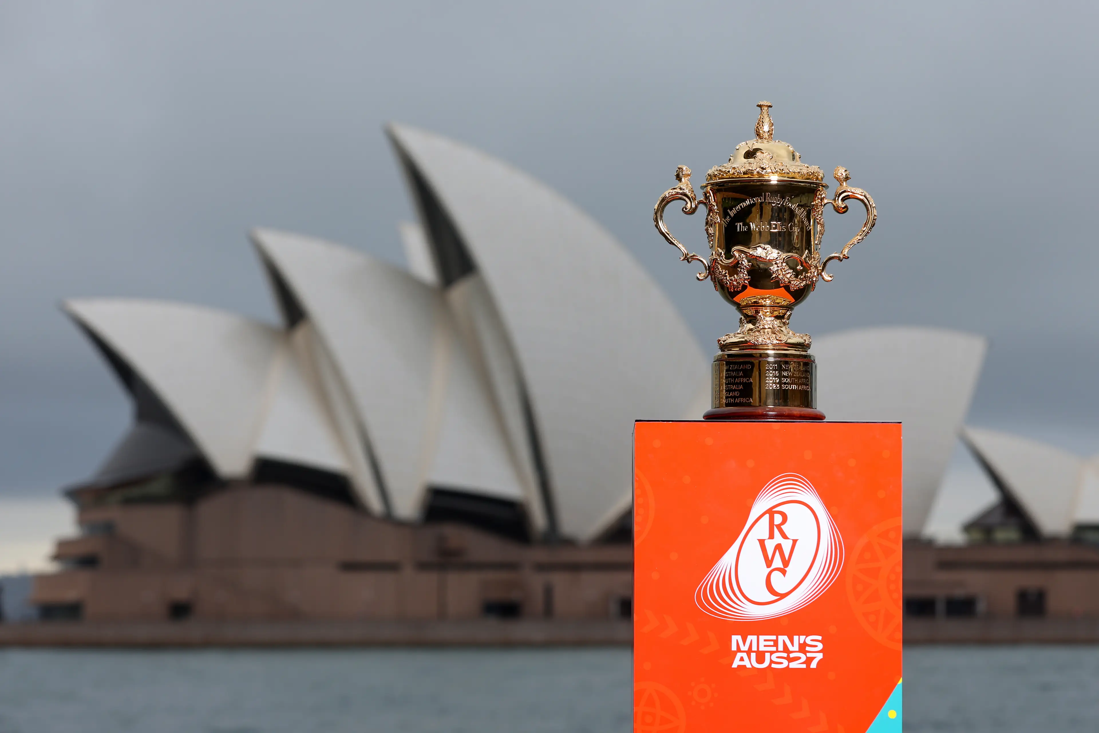 The Webb Ellis Cup during a media opportunity as World Rugby announce the host cities for Men's Rugby World Cup Australia 2027 at The Theatre Bar on January 30, 2025 in Sydney, Australia. (Getty Images)