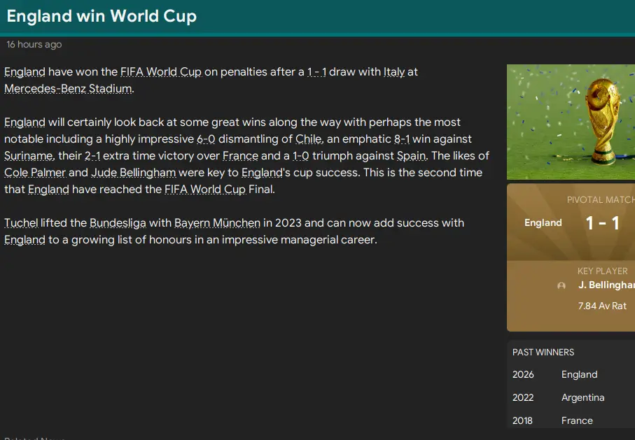 England's 2026 World Cup summary - Image: Football Manager