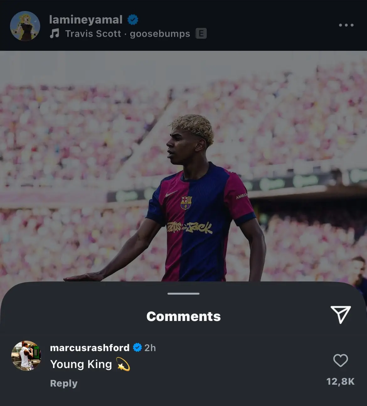 Marcus Rashford commented on Lamine Yamal's social media post. Image: Instagram 