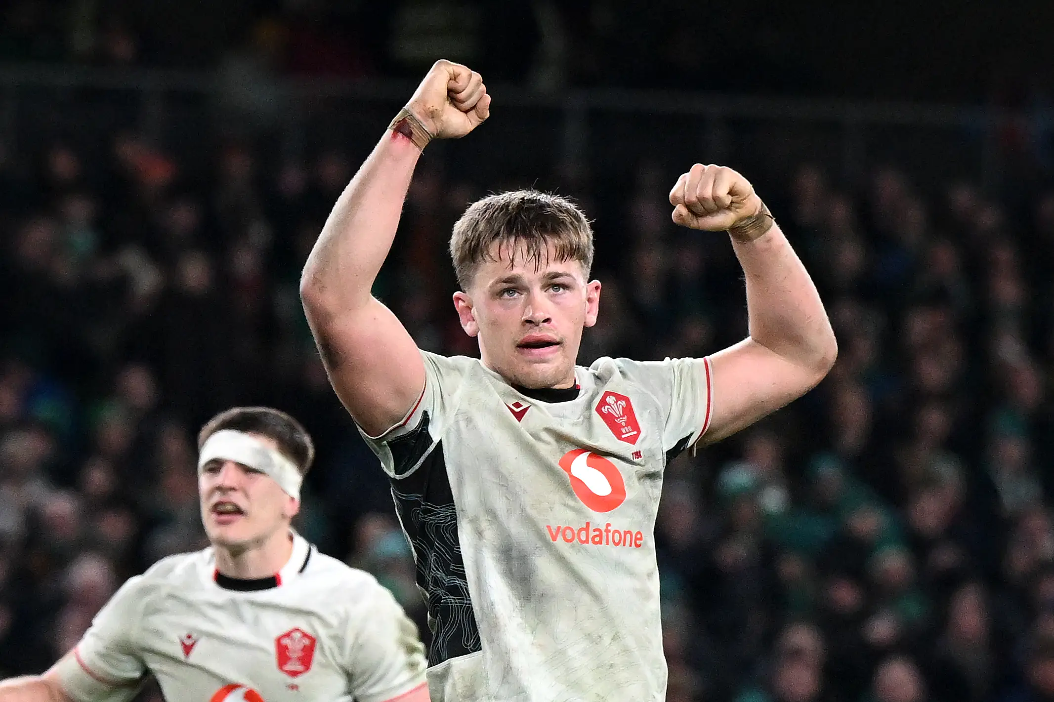 Alex Mann of Wales celebrates after teammate James Botham (not pictured) scores his team's second try during the Guinness Six Nations 2026 match between Ireland and Wales (Getty Images)