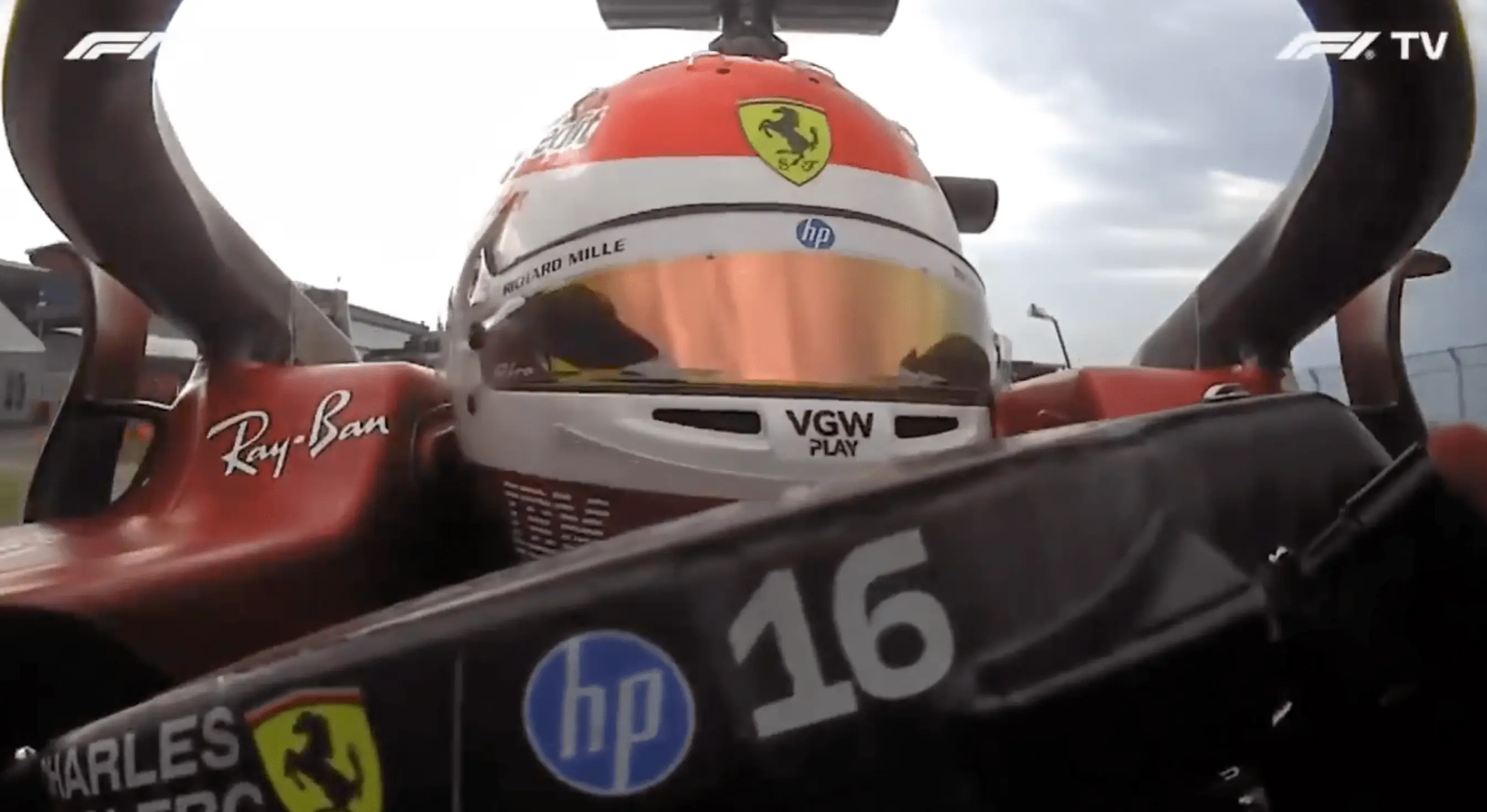 Leclerc had to look at the timing screens on the way back to the pit lane (Image: F1TV)