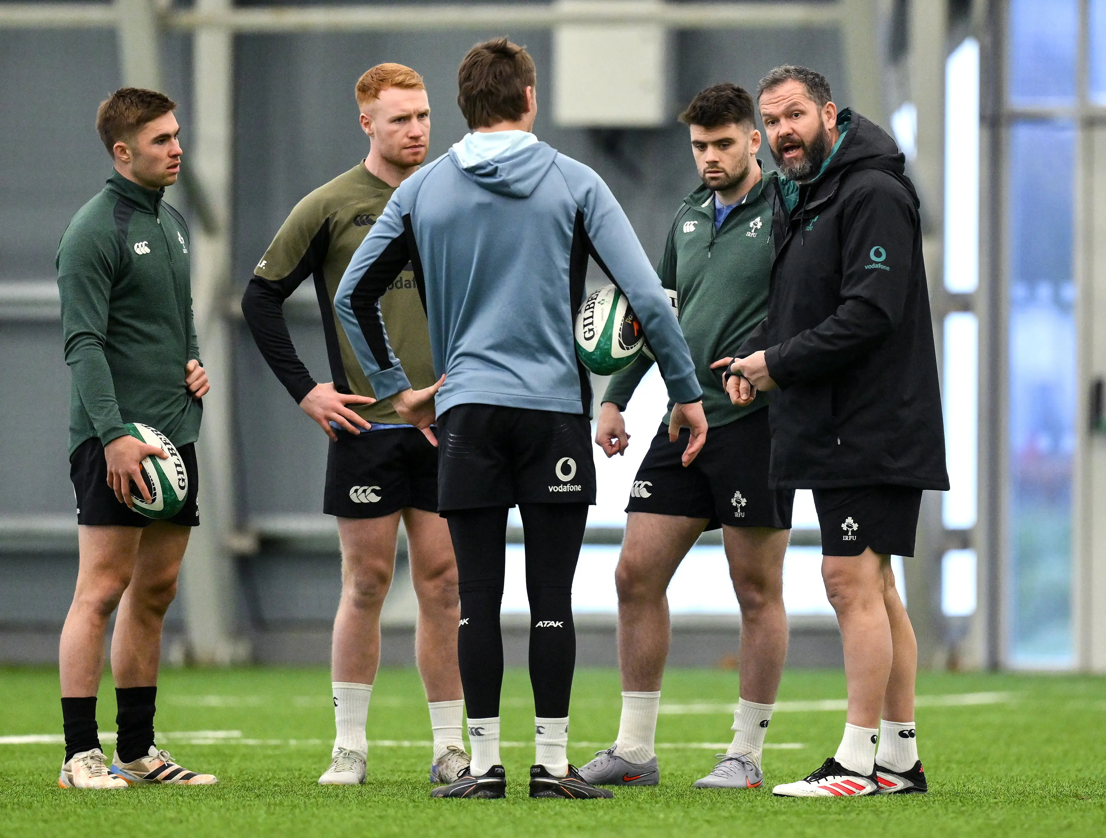 Head coach Andy Farrell, right, with players, from left, Jack Crowley, Ciarán Frawley, Sam Prendergast and Harry Byrne during an Ireland Rugby squad training session (Getty Images)