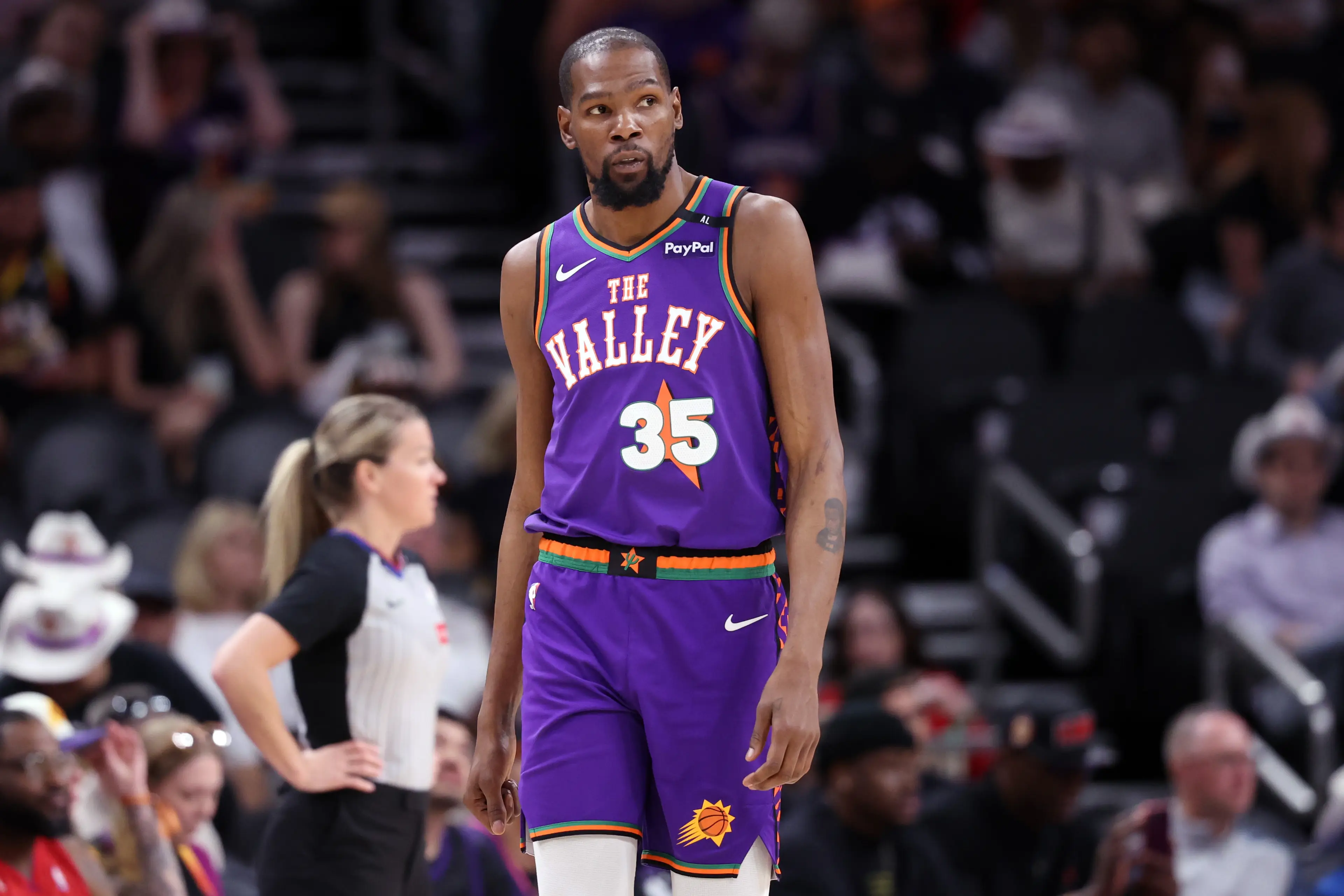 Kevin Durant of the Phoenix Suns looks on during the second half against the Houston Rockets.