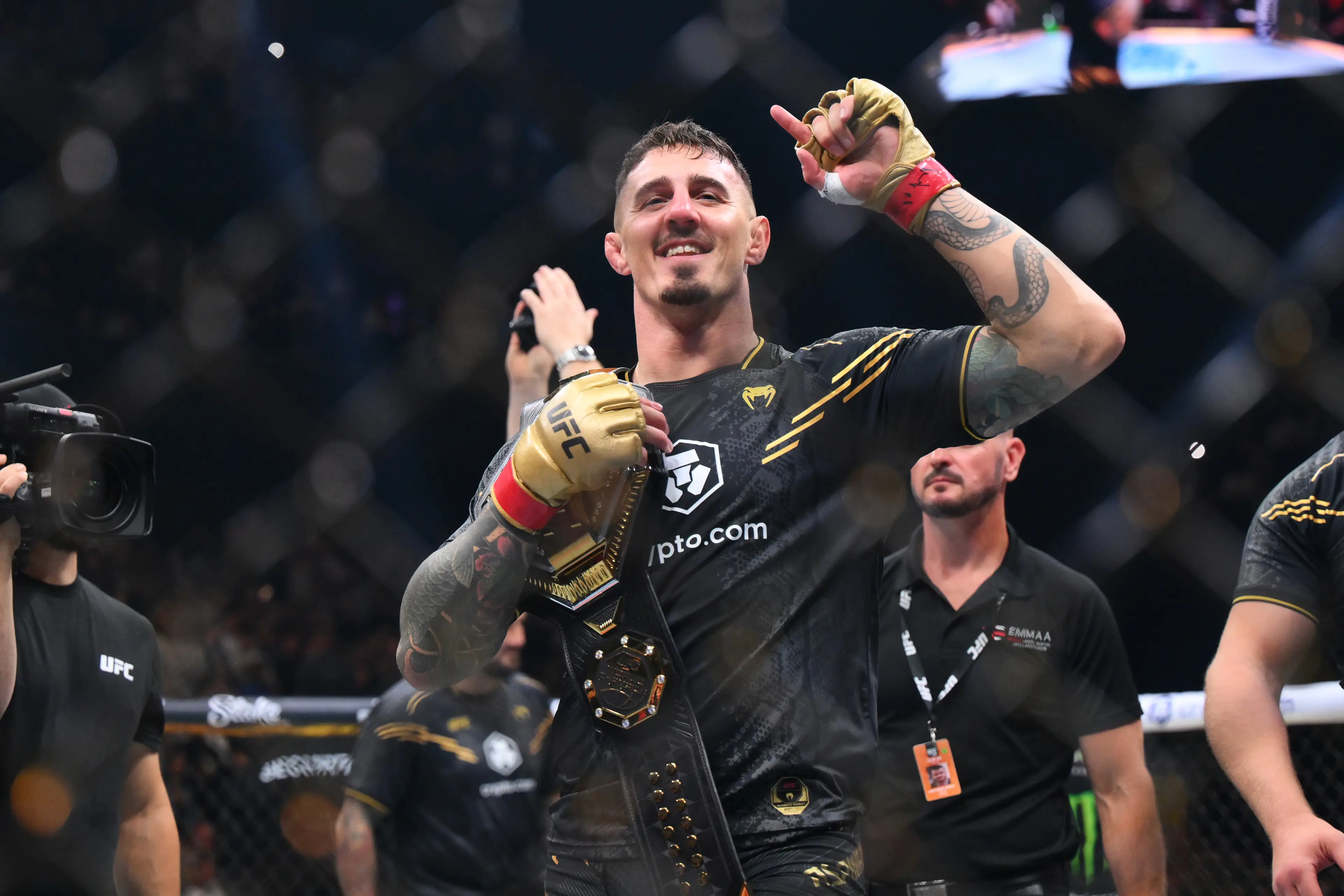 Tom Aspinall celebrates his victory over Curtis Blaydes at UFC 304. Image: Getty