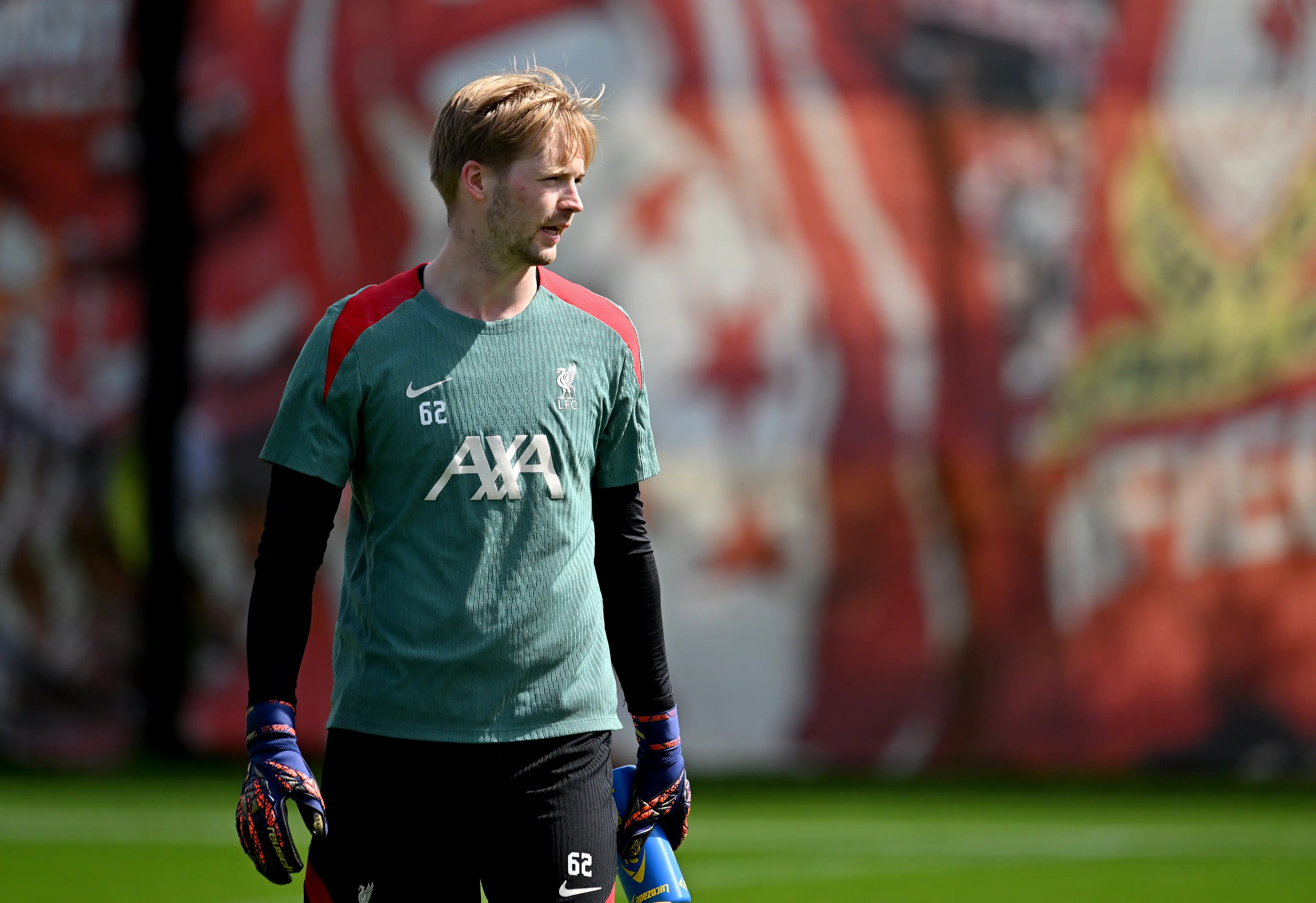 Caoimhin Kelleher during a Liverpool training session. Image: Getty