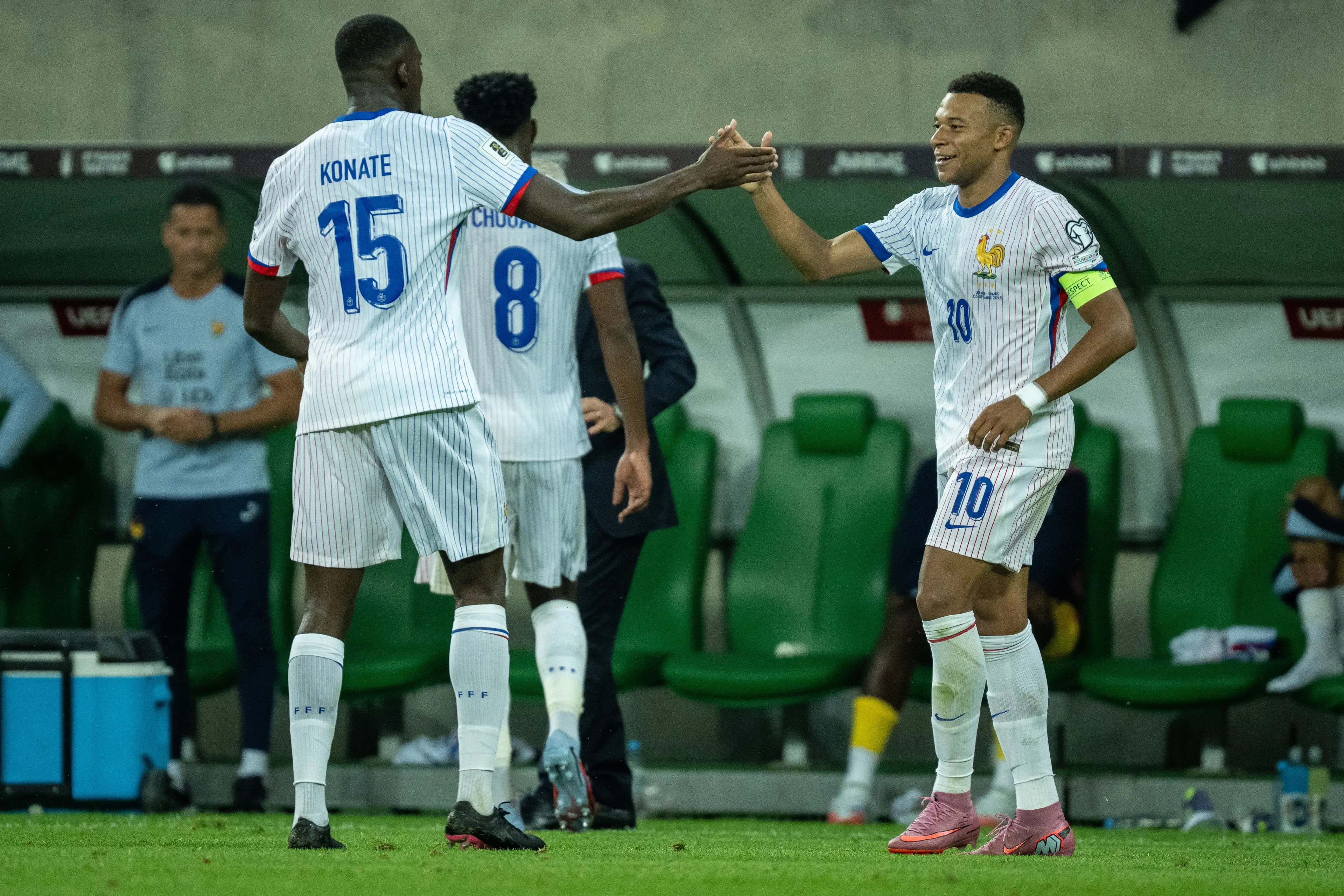 Ibrahima Konate and Kylian Mbappe celebrate a France goal. Image: Getty 