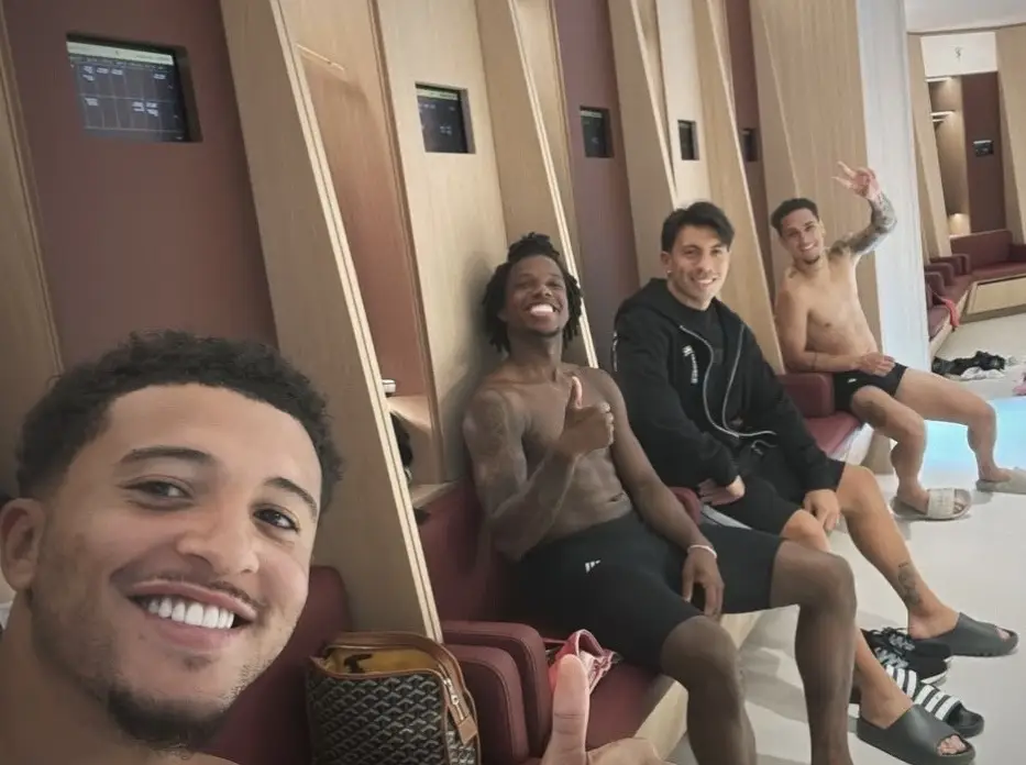 Jadon Sancho with Tyrell Malacia, Lisandro Martinez and Antony (Image: Jadon Sancho via Instagram)
