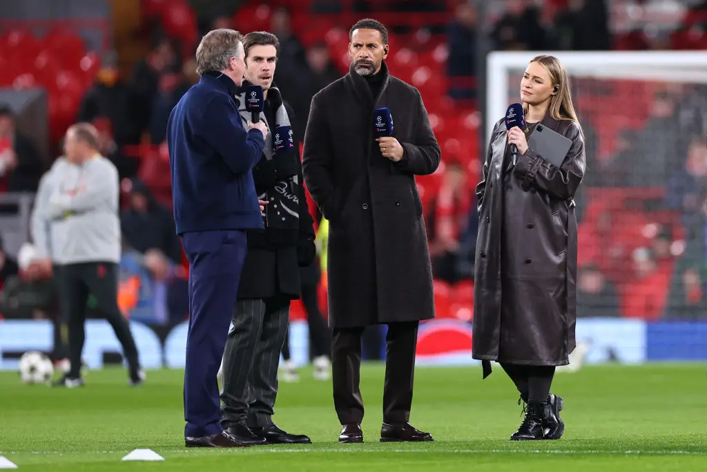 Gareth Bale pictured alongside Steve McManaman, Rio Ferdinand and Laura Woods at Anfield (Image: Getty)