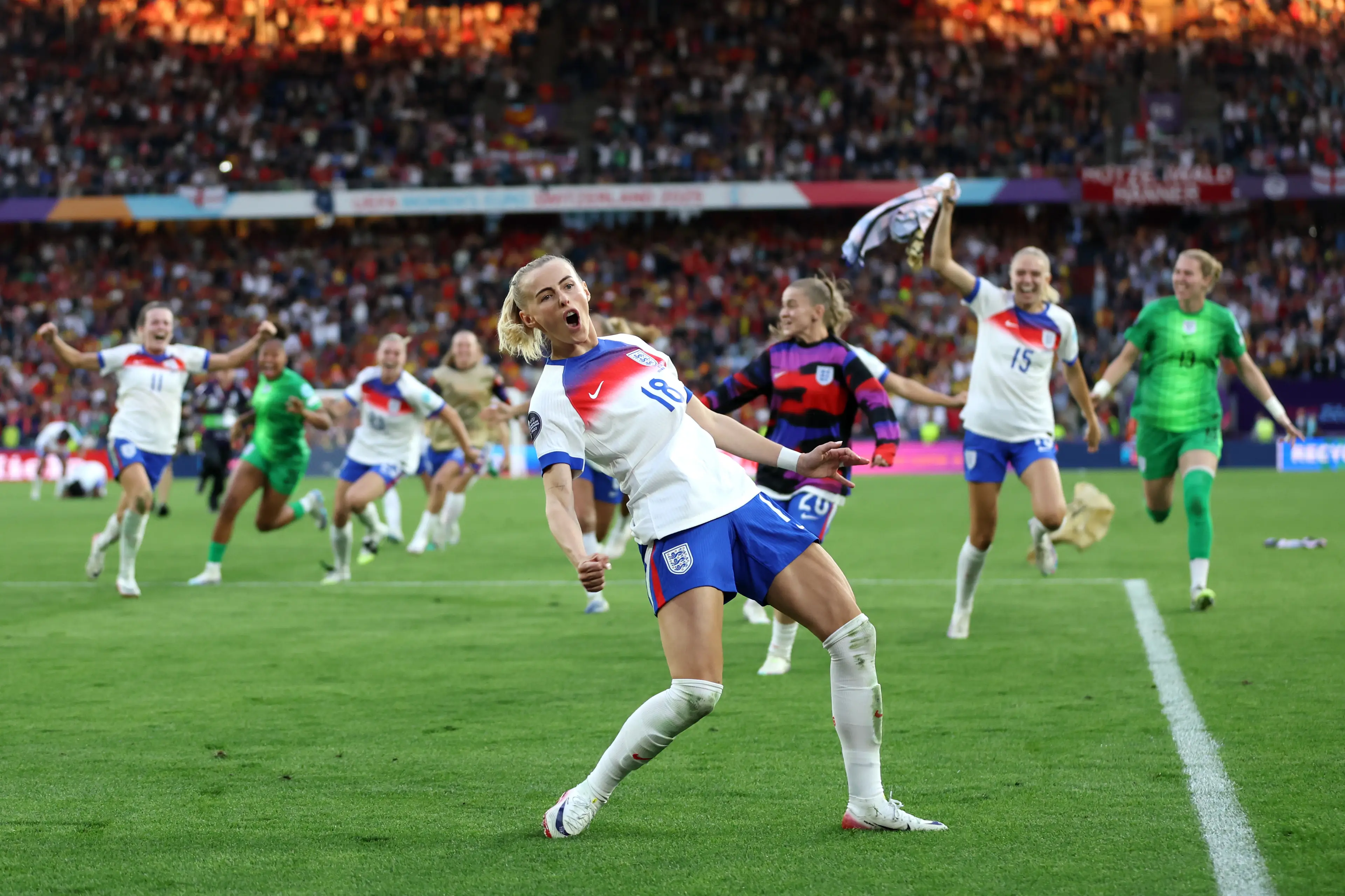 Chloe Kelly after scoring for England (Image: Florencia Tan Jun - UEFA / Contributor via Getty)