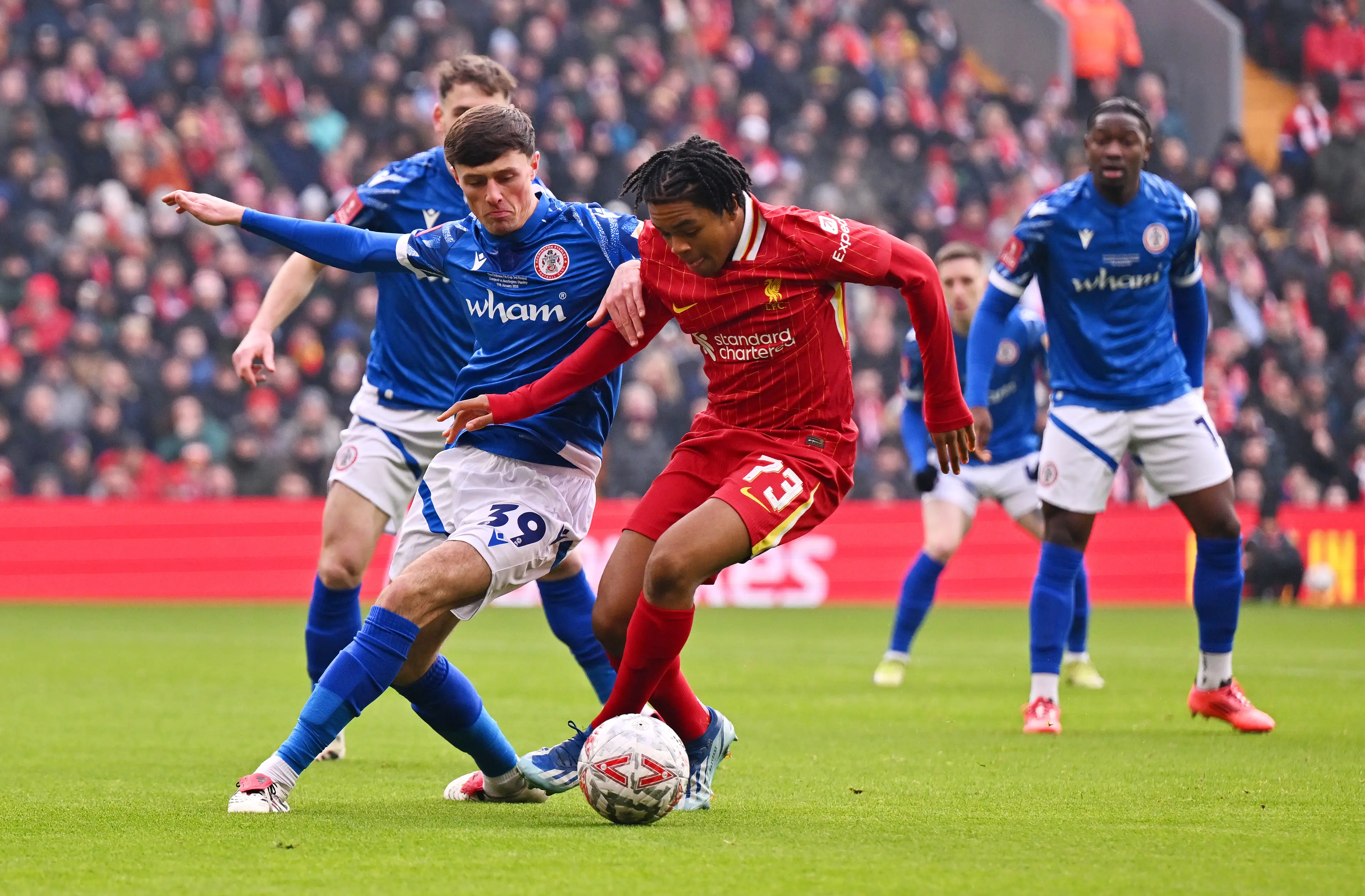 Rio Ngumoha during his Liverpool first-team bow. (Image: Liverpool FC / Contributor via Getty)