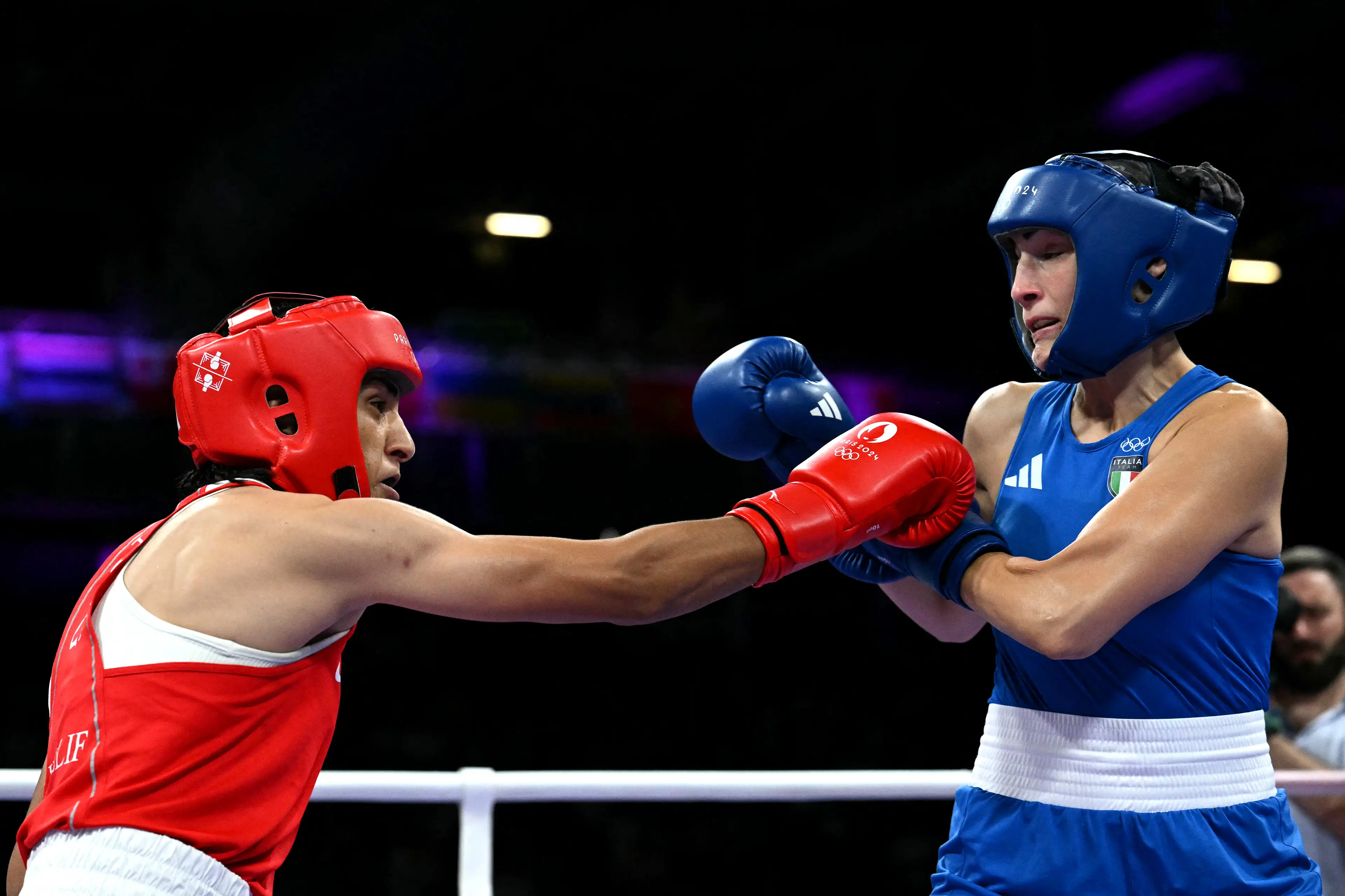 Imane Khelif and Angela Carini during their Olympic bout. Image: Getty