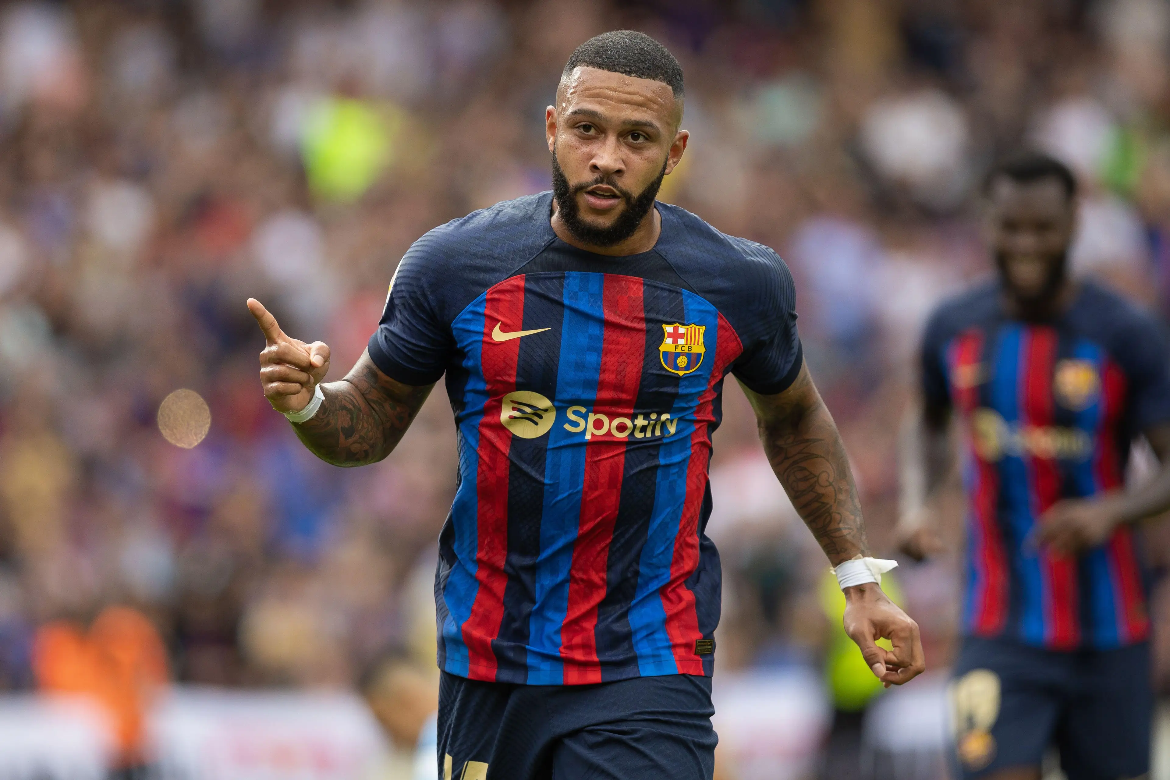 Depay celebrates his goal. Image: Alamy