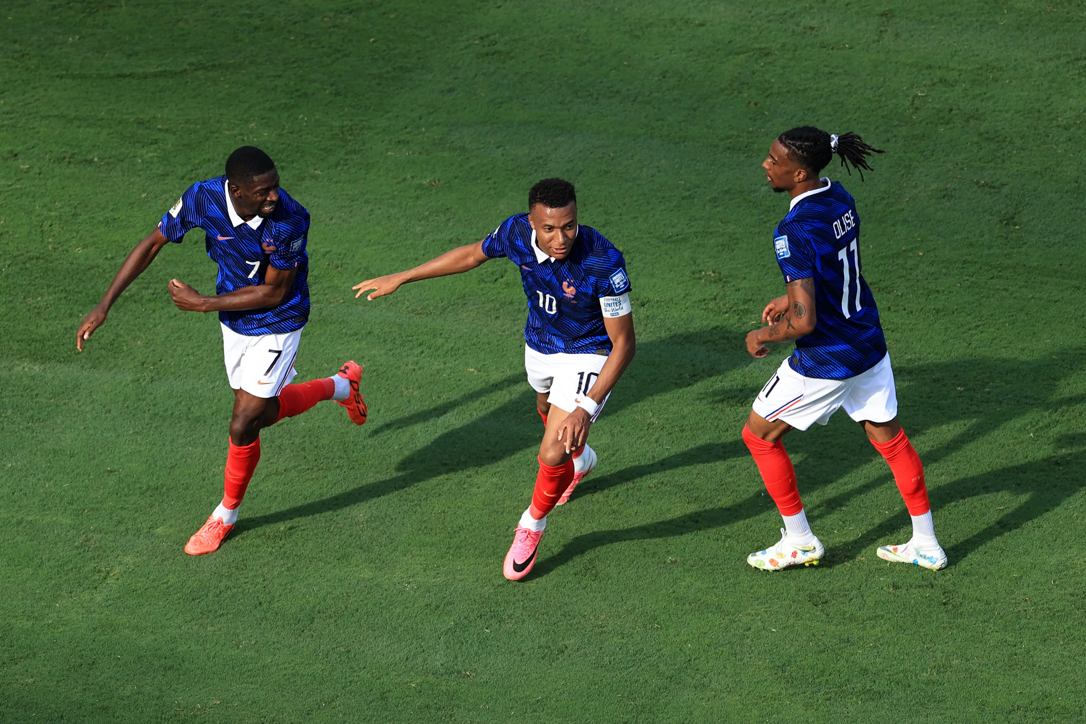 Kylian Mbappe of France celebrates their first goal with Ousmane Dembele of France and Michael Olise of France during the FIFA World Cup 2026 (Getty Images)
