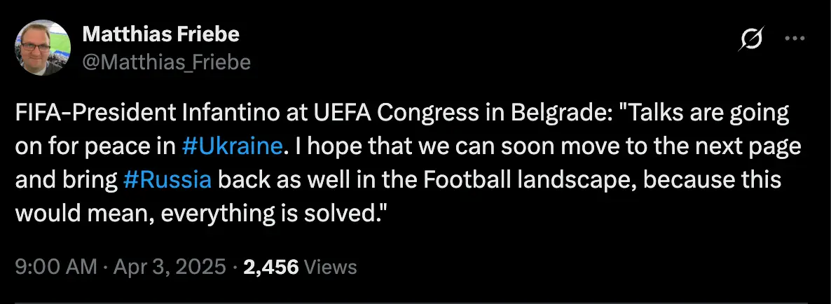 FIFA President Gianni Infantino has recently commented on Russia's ban (Twitter)