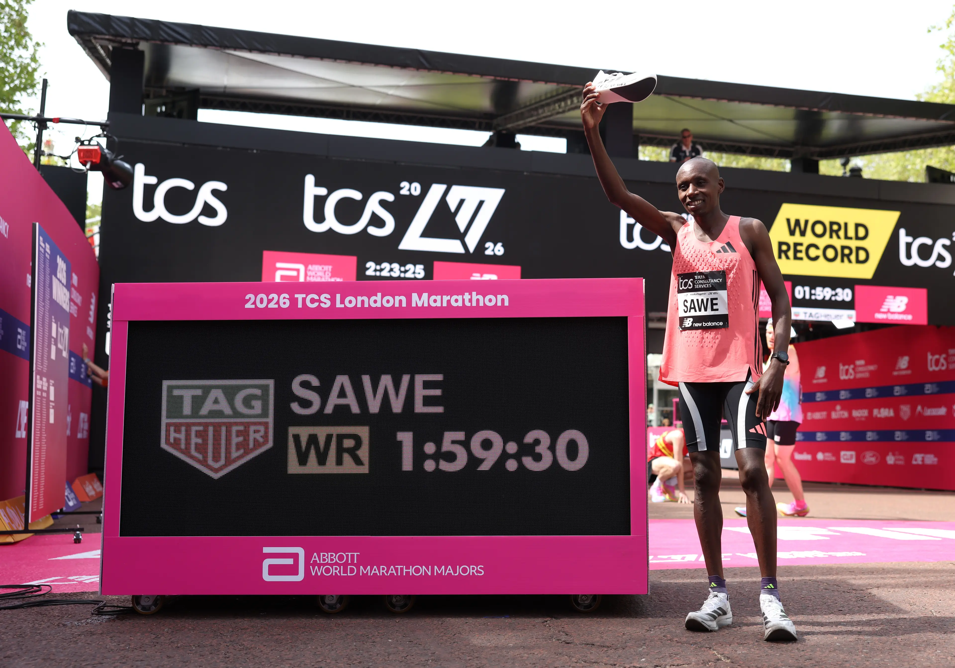 At the 2026 London Marathon, Sabastian Sawe became the first person in history to run a sub two-hour marathon in a competitive race. Image credit: Getty