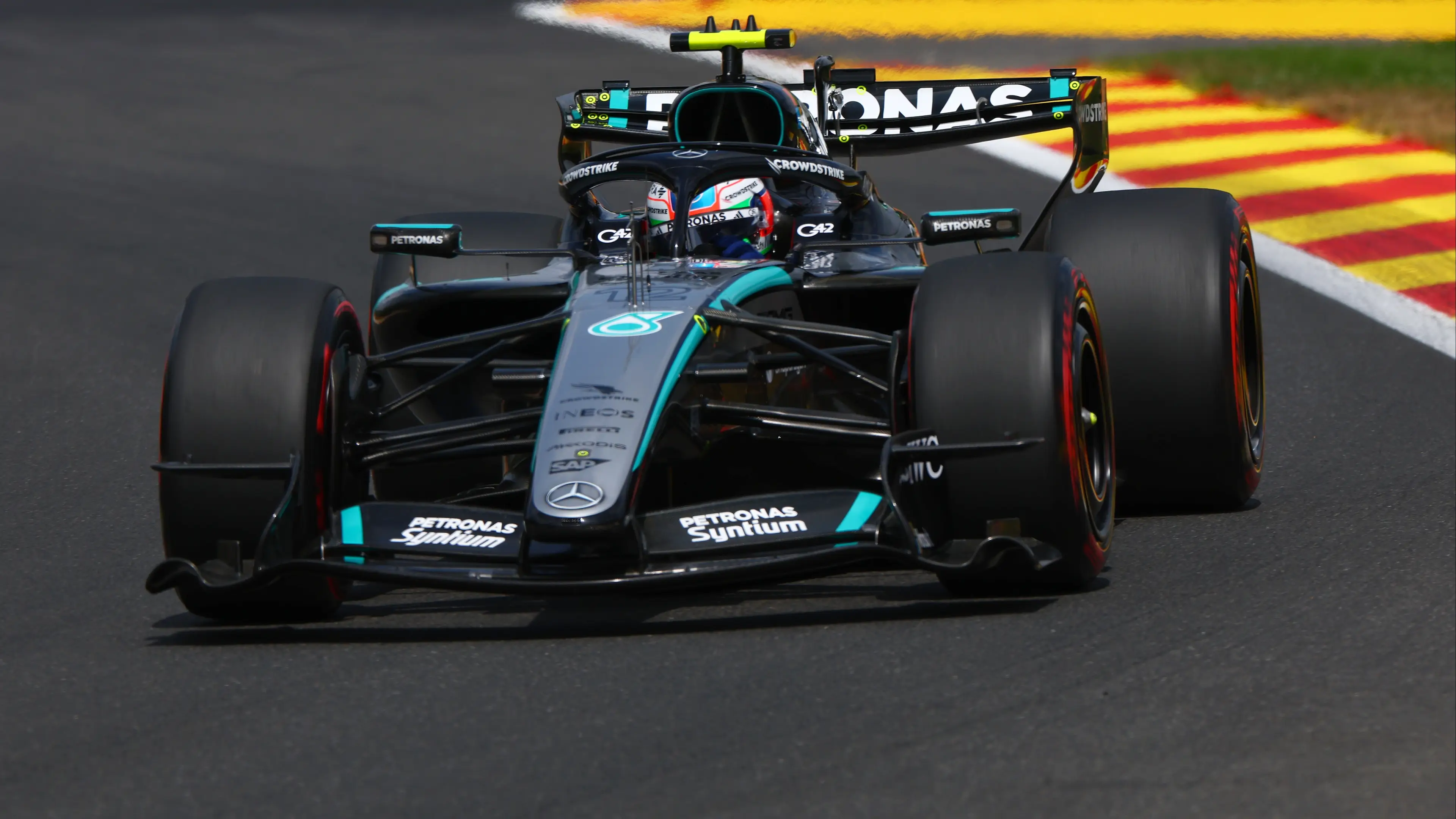 Andrea Kimi Antonelli of Italy driving the (12) Mercedes AMG Petronas F1 Team W17 on track during final practice ahead of the F1 Grand Prix of Belgium at Circuit de Spa-Francorchamps on July 18, 2026 in Spa, Belgium.