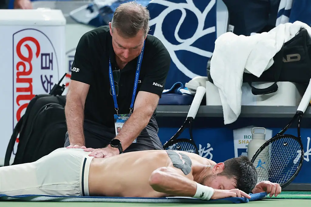 Djokovic received medical treatment during his match against Valentin Vacherot. (Image: Lintao Zhang/Getty Images)