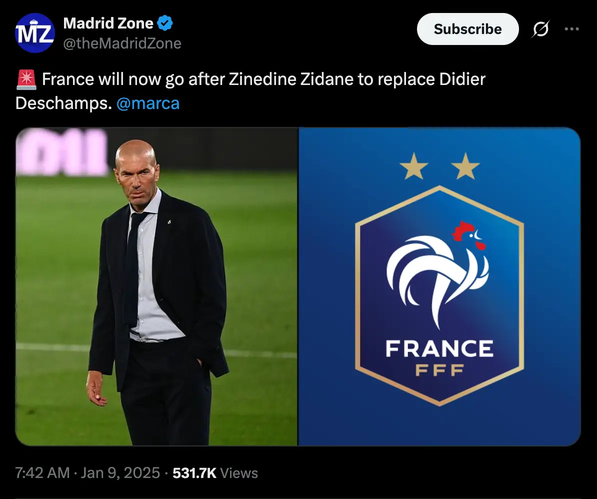 Zidane is the favourite to replace Didier Deschamps as France manager in 2026 (Image: Twitter)