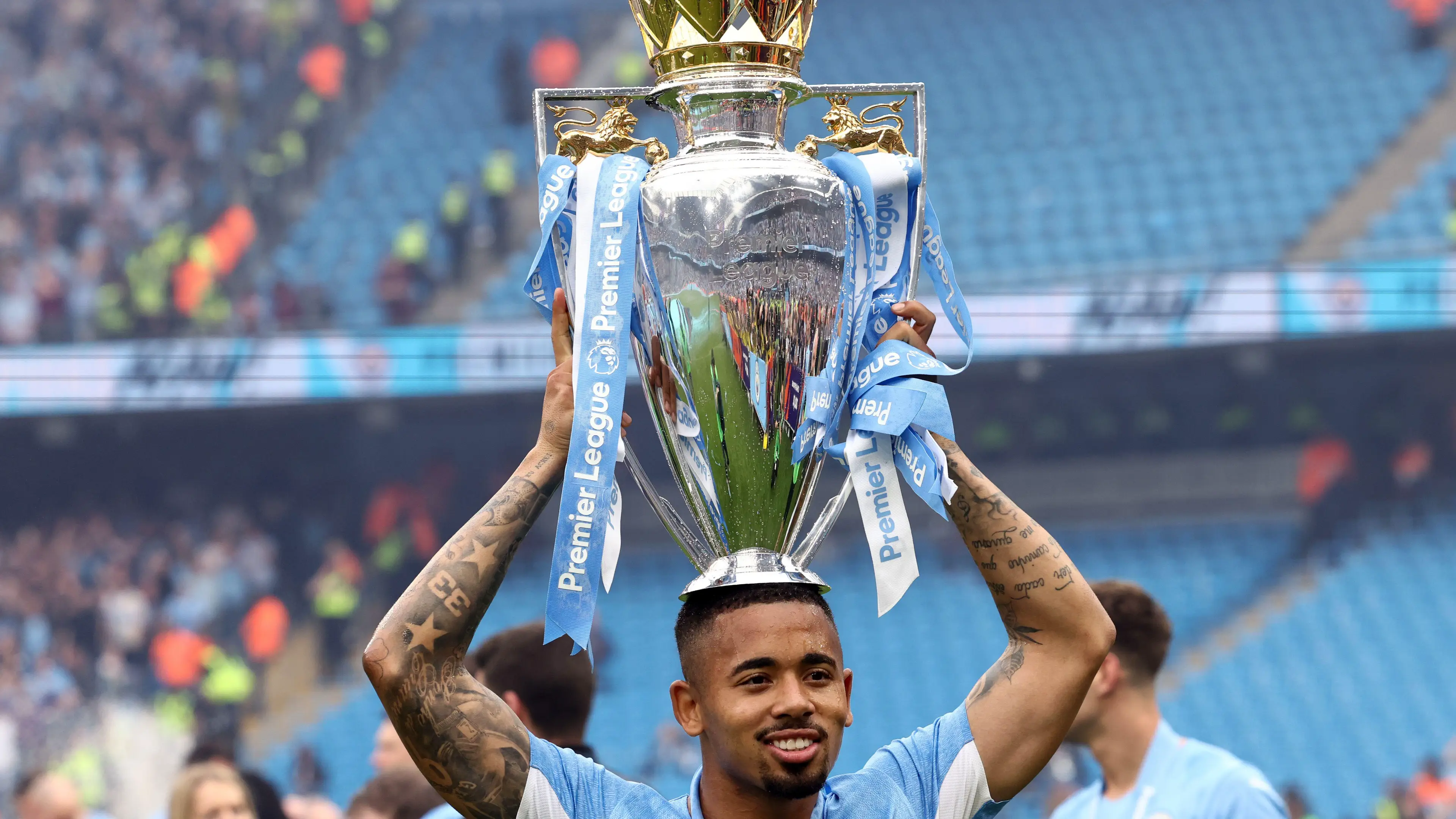 Gabriel Jesus celebrates winning the Premier League with Manchester City. (Alamy)