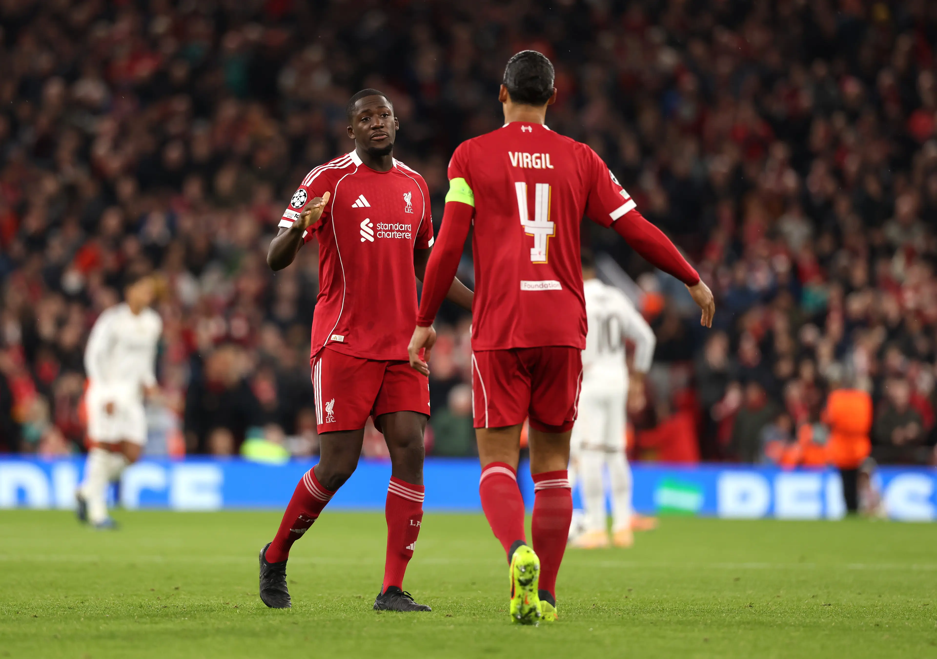 Ibrahima Konate and Virgil van Dijk starred at the back for Liverpool against Real Madrid. Image: Getty 