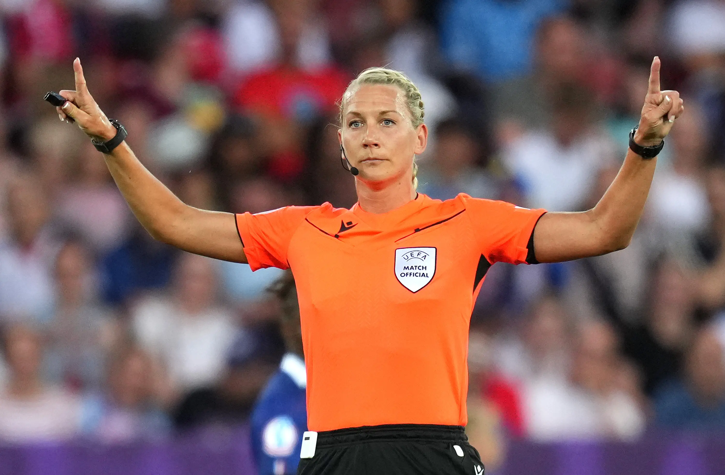 Referee Tess Olofsson gestures before disallowing Alessia Russo's goal at the weekend / Photo by Alex Caparros - UEFA/UEFA via Getty Images