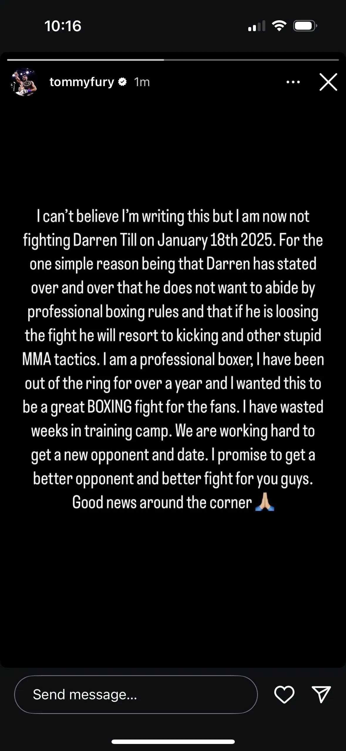 Tommy Fury claims his fight with Darren Till is off. Image: Instagram/@tommyfury