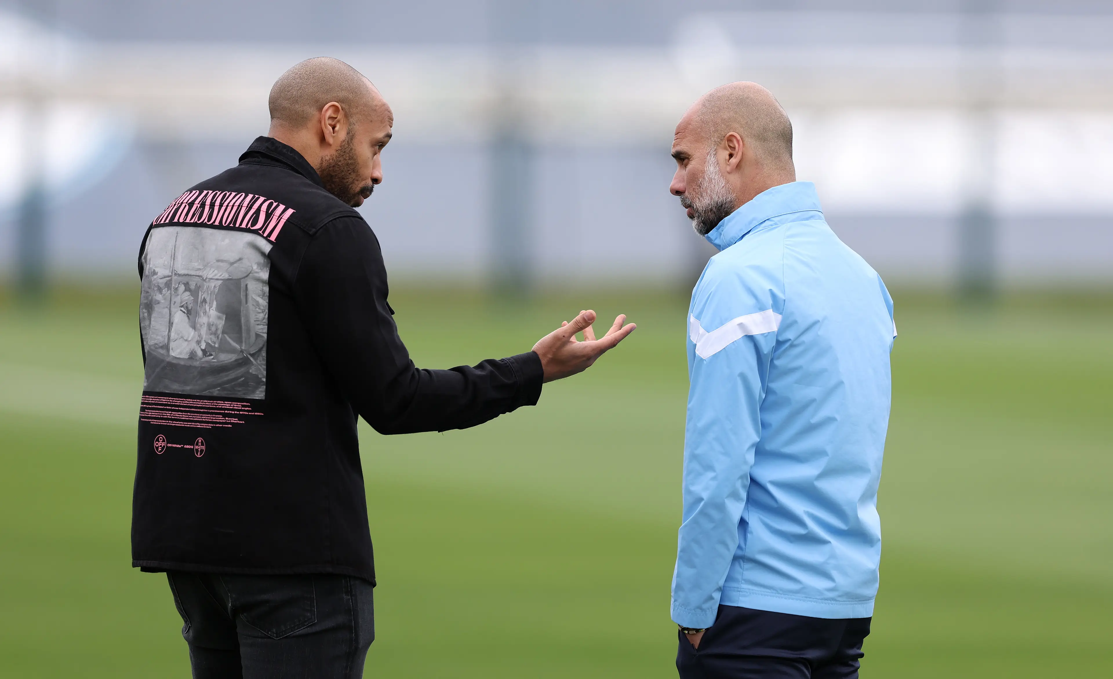 Pep Guardiola with Thierry Henry. Image: Alex Livesey - Danehouse / Contributor via Getty