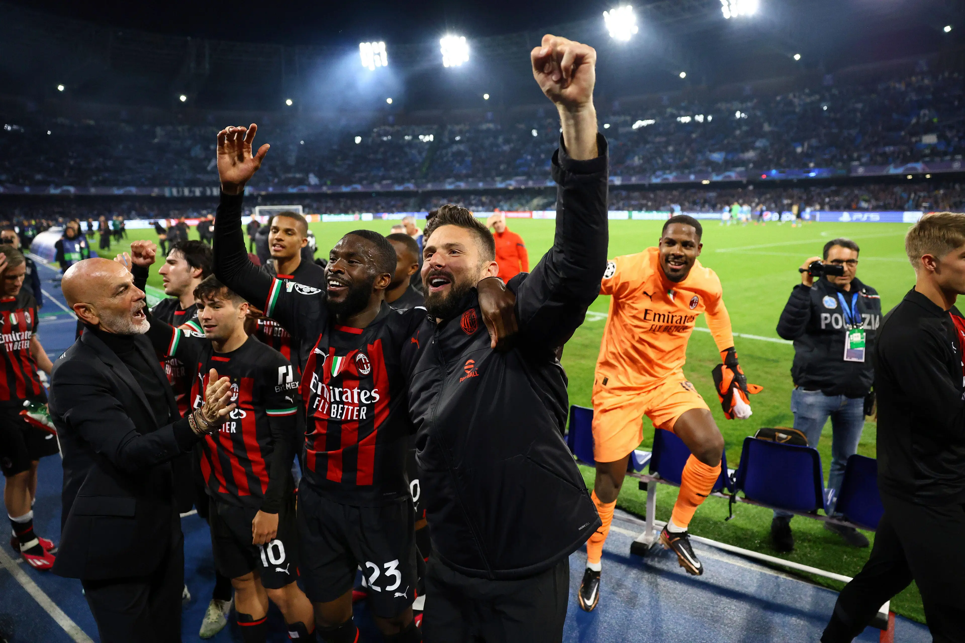Tomori celebrates with teammate Olivier Giroud after their Champions League quarter-final win over Napoli. Image credit: Alamy