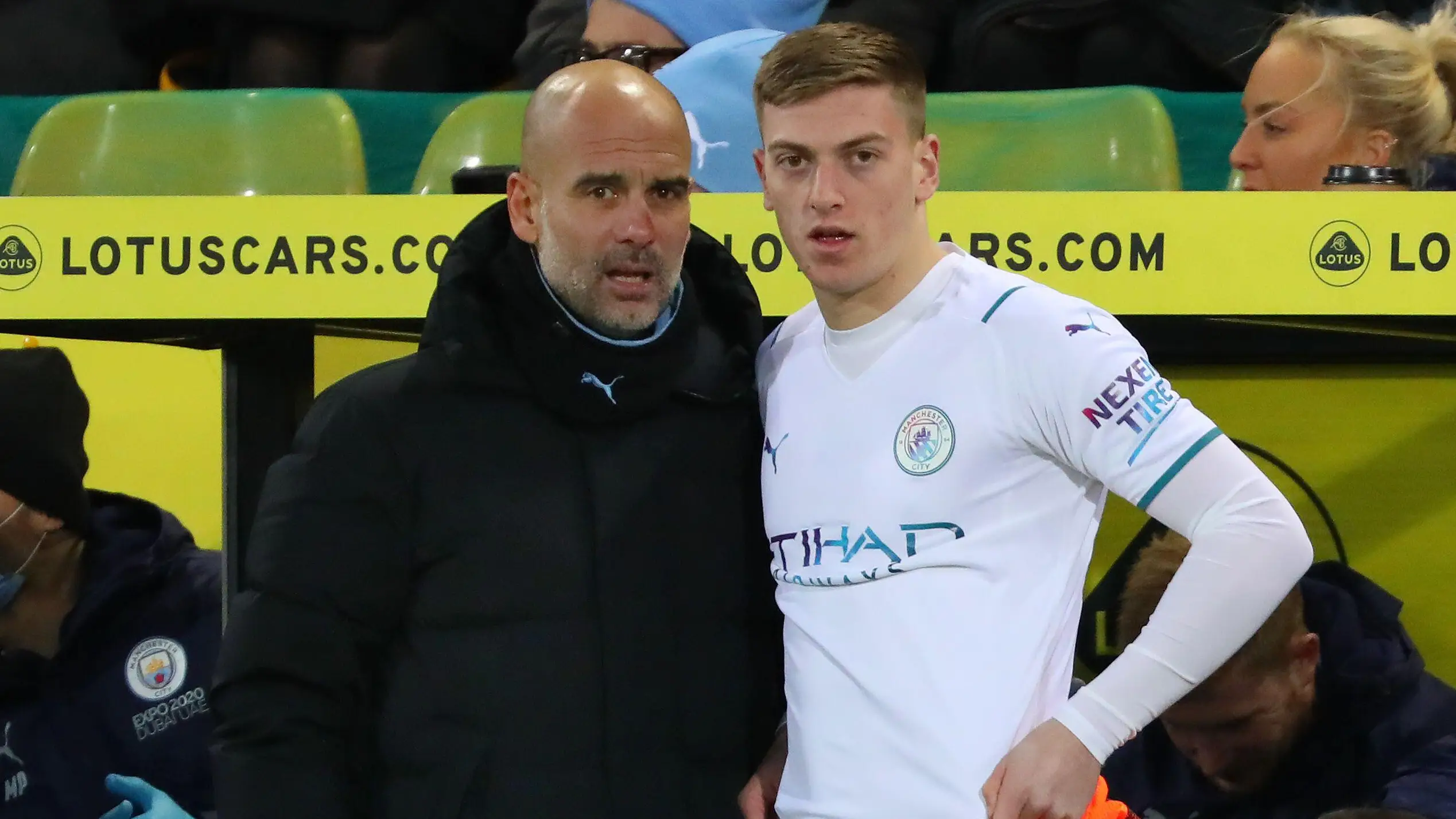 Manchester City manager Pep Guardiola with Liam Delap (Image: MatchDay Images Limited / Alamy)