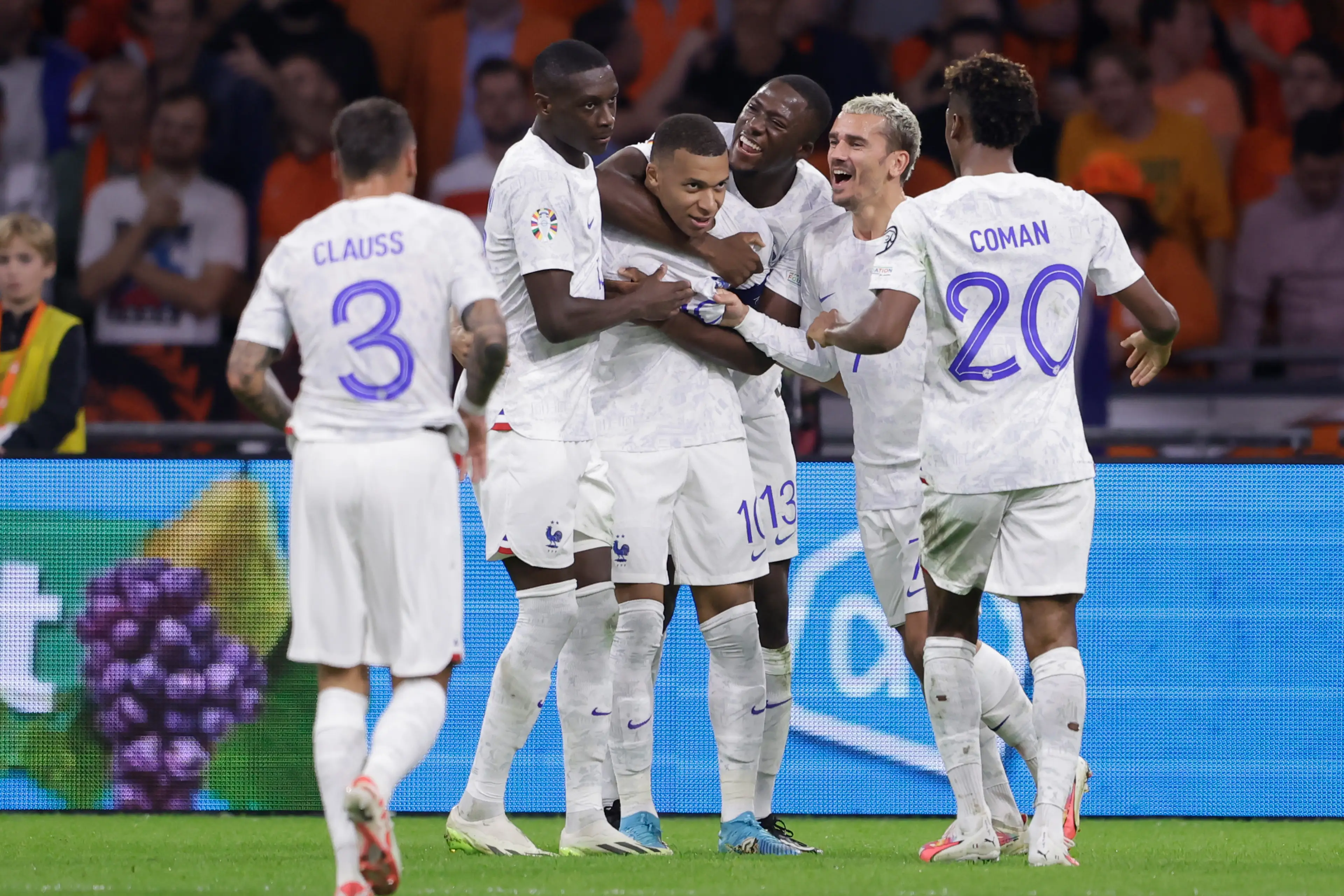Ibrahima Konate celebrates with Kylian Mbappe. Image: Getty 