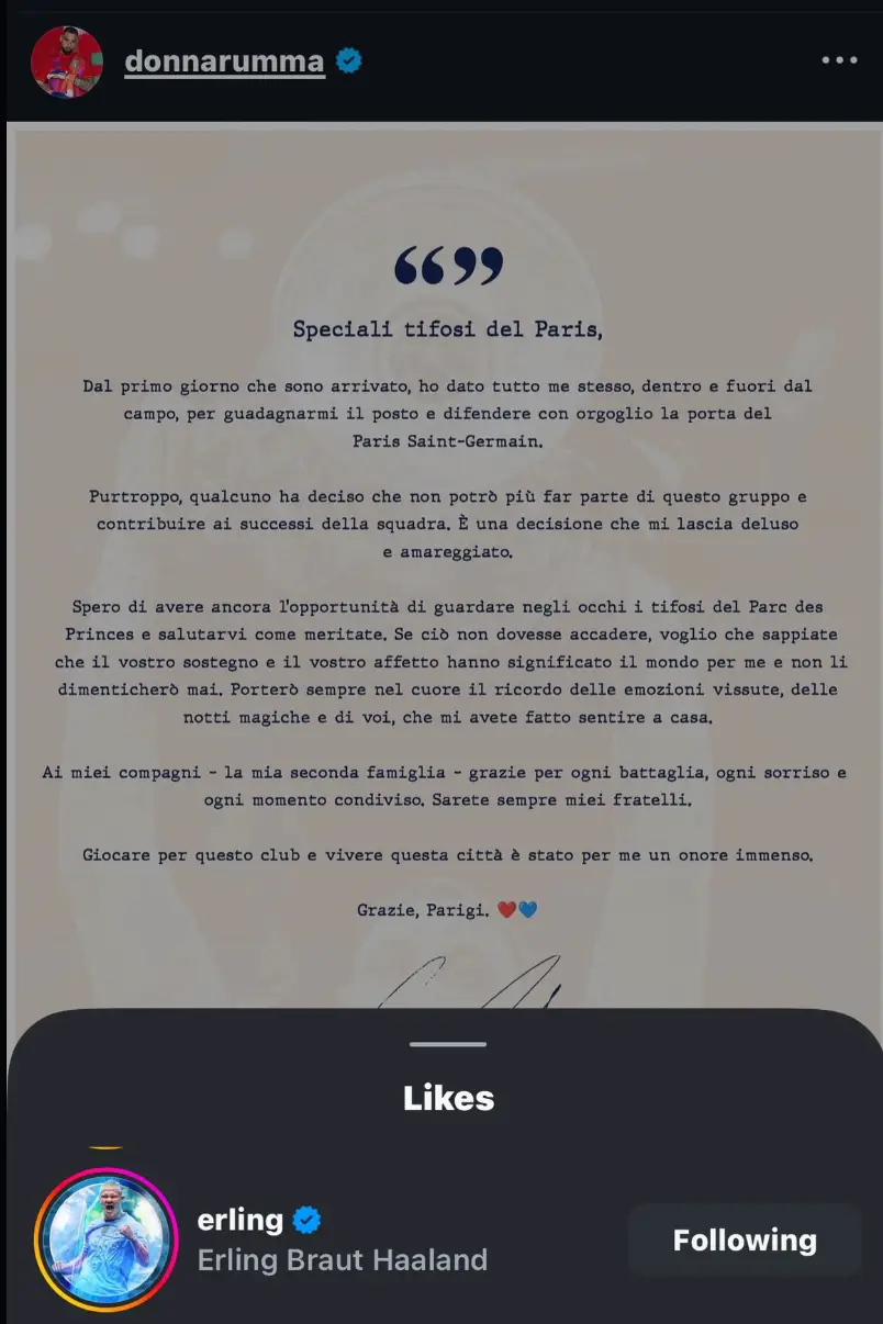 Erling Haaland likes Gianluigi Donnarumma's Instagram statement (credit: instagram)